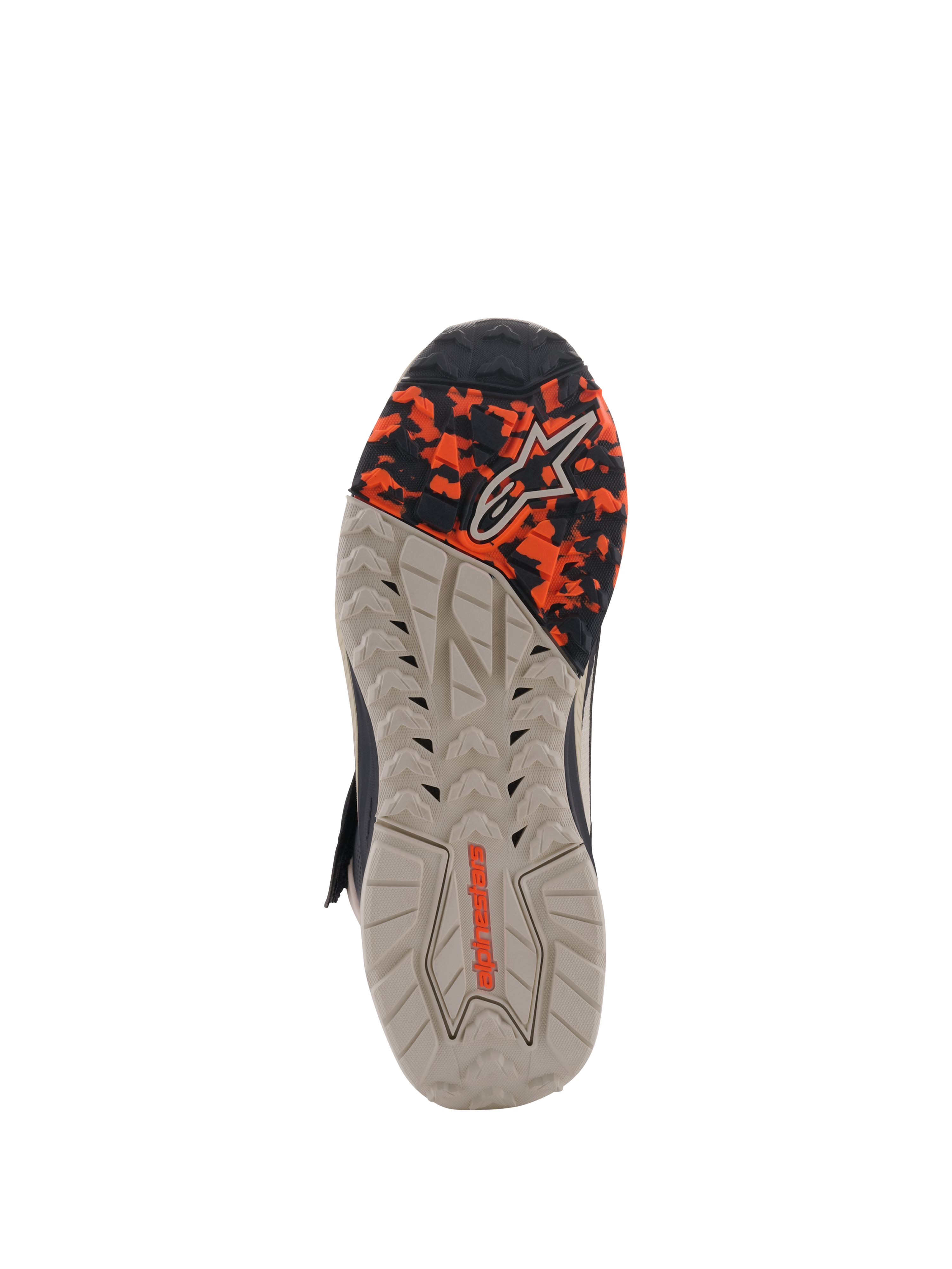 Alpinestars Speedstreet sko, ydersålsvisning, Black Almond Hot Orange, oliebestandig gummisål med camo-mønstret forfod, præget Alpinestars-branding, designet til greb og stabilitet