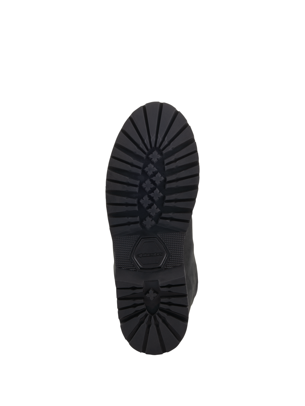 Alpinestars Turnstone sko, sort, set nedefra af den robuste gummiydersål med et dybt stjernemønster og præget Alpinestars-logo, holdbart fodtøj til urban motorcykelkørsel