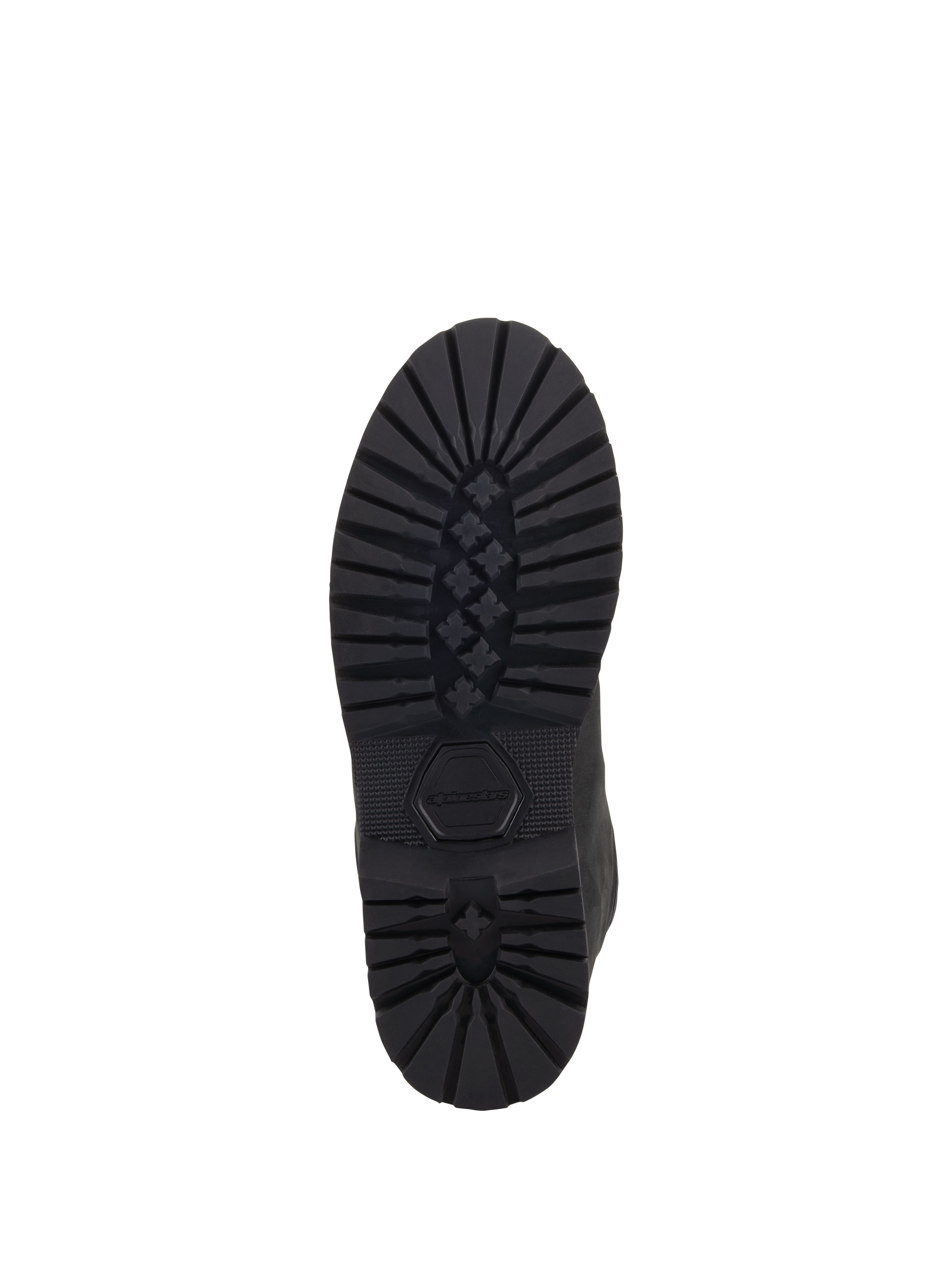 Alpinestars Turnstone sko, sort, set nedefra af den robuste gummiydersål med et dybt stjernemønster og præget Alpinestars-logo, holdbart fodtøj til urban motorcykelkørsel