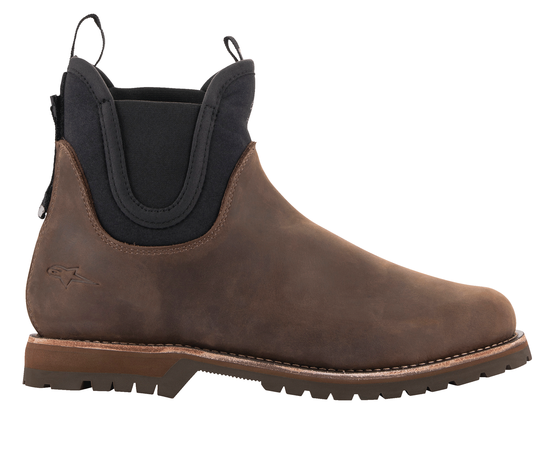 Alpinestars Turnstone sko, chokoladebrune Chelsea-støvler i læder, urbant motorcykelfodtøj, sorte elastiske sidepaneler, robust mønstret sål, klassisk silhuet