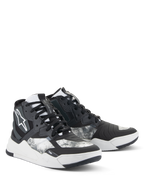 Alpinestars Speedflight sko, motorcykel-køresko, sort, grå og hvid, med marmoreret mønster, high-top sneakerdesign med forstærkede paneler, hvidt Alpinestars logo og holdbar gummisål