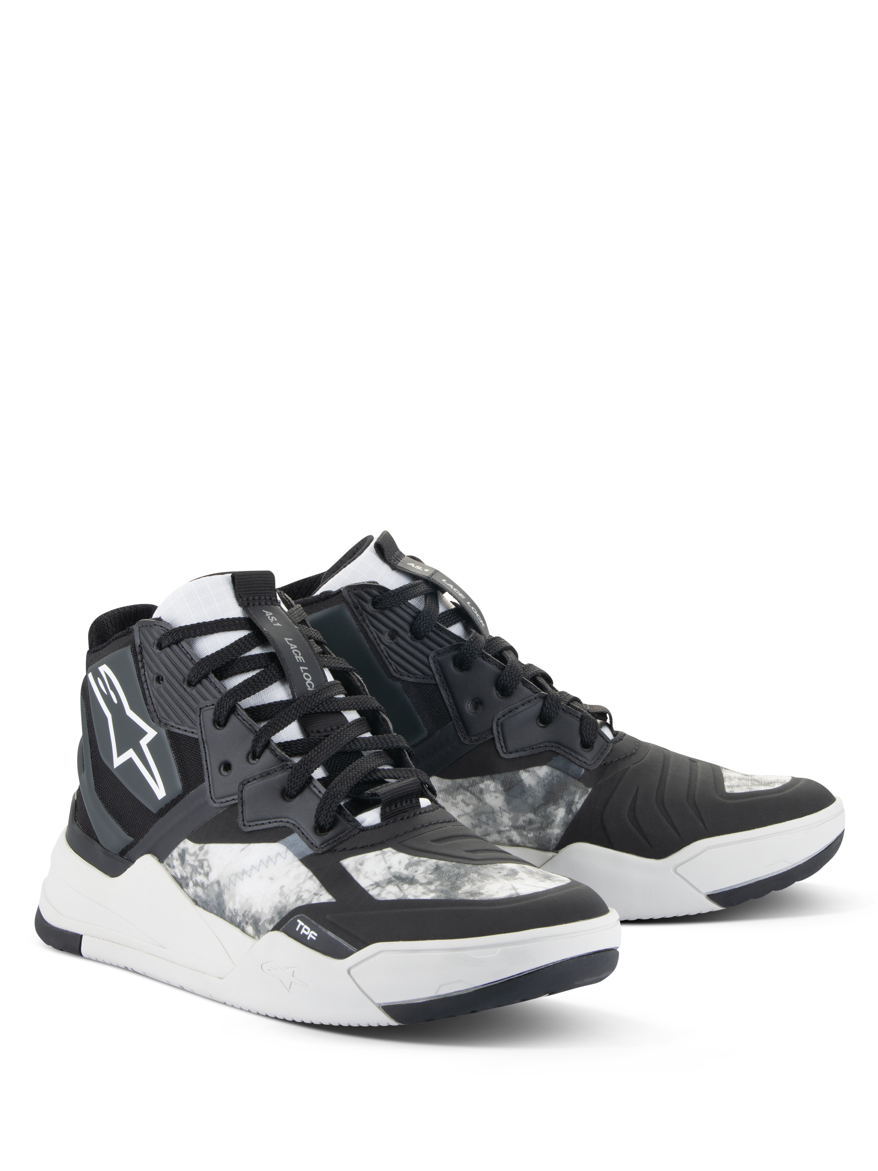 Alpinestars Speedflight sko, motorcykel-køresko, sort, grå og hvid, med marmoreret mønster, high-top sneakerdesign med forstærkede paneler, hvidt Alpinestars logo og holdbar gummisål