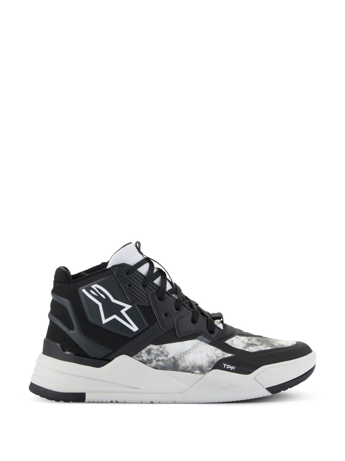 Alpinestars Speedflight Shoes, High-Top Performance Riding Sneakers, Black Gray and White, featuring a white star logo, textured ripstop pattern on side panels, and a thick white geometric sole with TPF branding