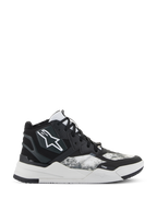 Alpinestars Speedflight sko, high-top performance køresneakers, sort, grå og hvid, med hvidt stjernelogo, tekstureret ripstop-mønster på sidepaneler og en tyk hvid geometrisk sål med TPF-branding