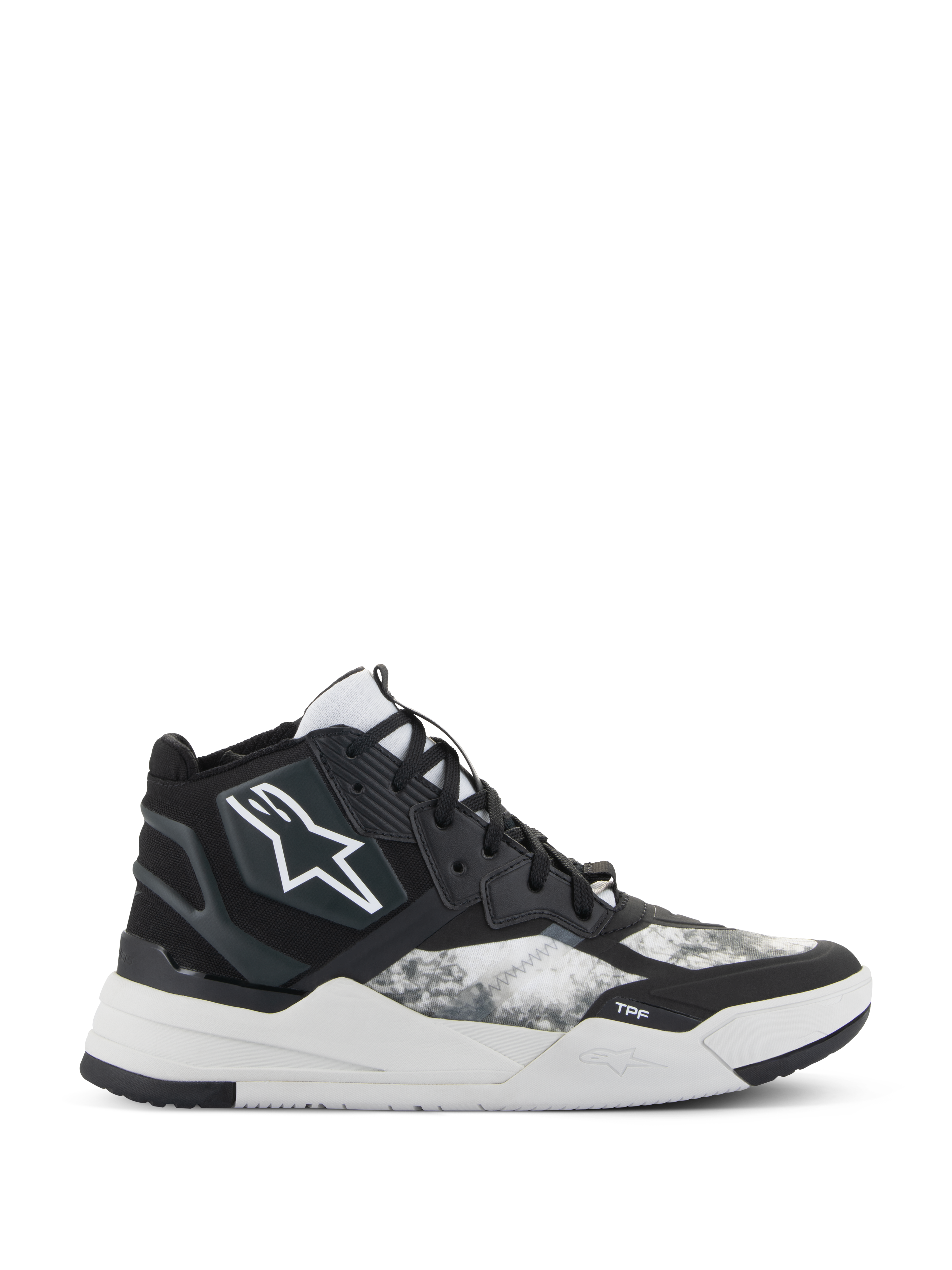 Alpinestars Speedflight sko, high-top performance køresneakers, sort, grå og hvid, med hvidt stjernelogo, tekstureret ripstop-mønster på sidepaneler og en tyk hvid geometrisk sål med TPF-branding