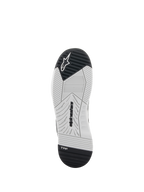 Alpinestars Speedflight sko, motorcykel køresko, sort og hvid, undersiden af sålen med dobbelt densitet gummi, Alpinestars-branding og TPF Transversal Protection Frame-logo, konstrueret slidbanemønster for greb
