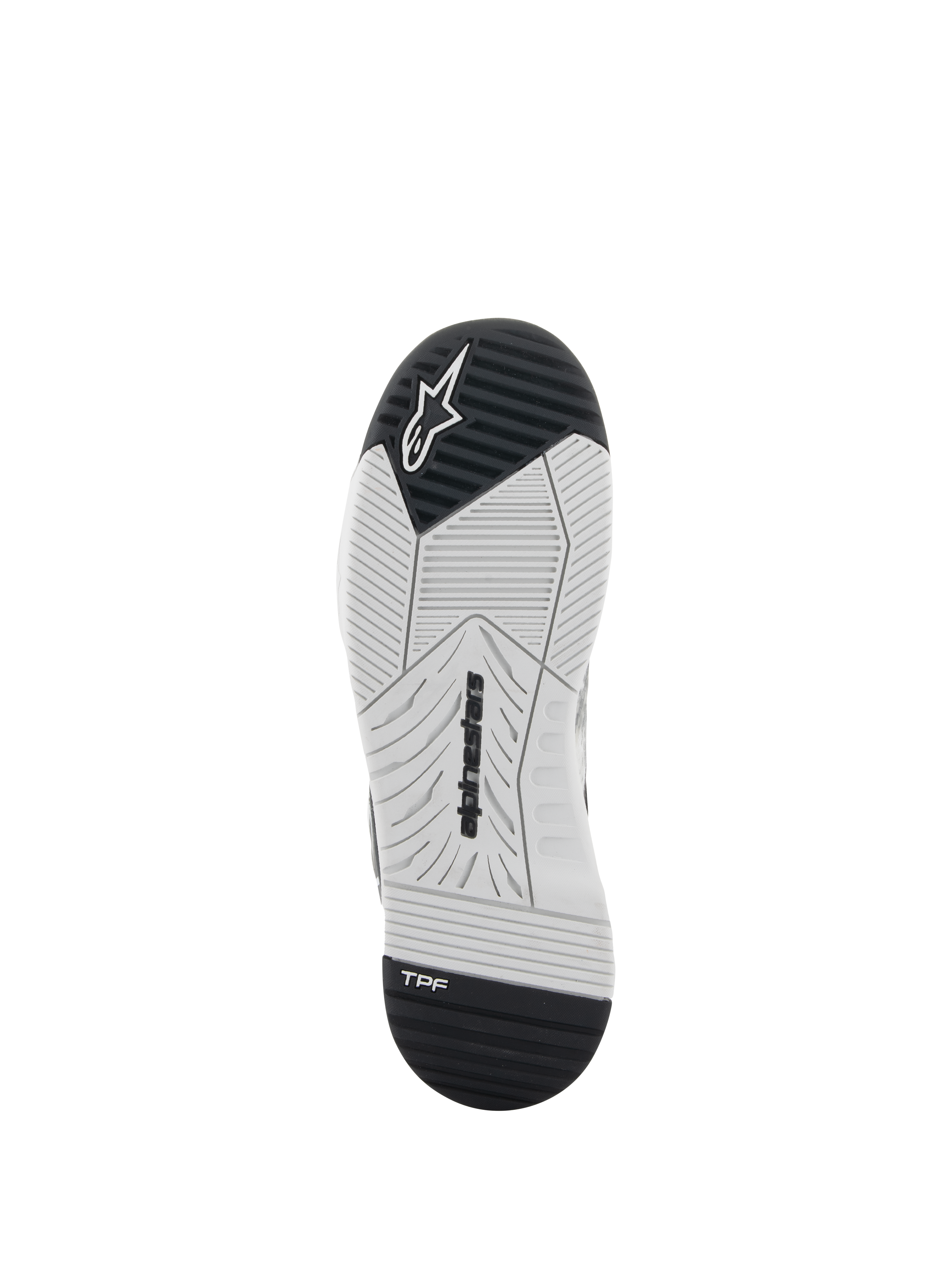 Alpinestars Speedflight sko, motorcykel køresko, sort og hvid, undersiden af sålen med dobbelt densitet gummi, Alpinestars-branding og TPF Transversal Protection Frame-logo, konstrueret slidbanemønster for greb