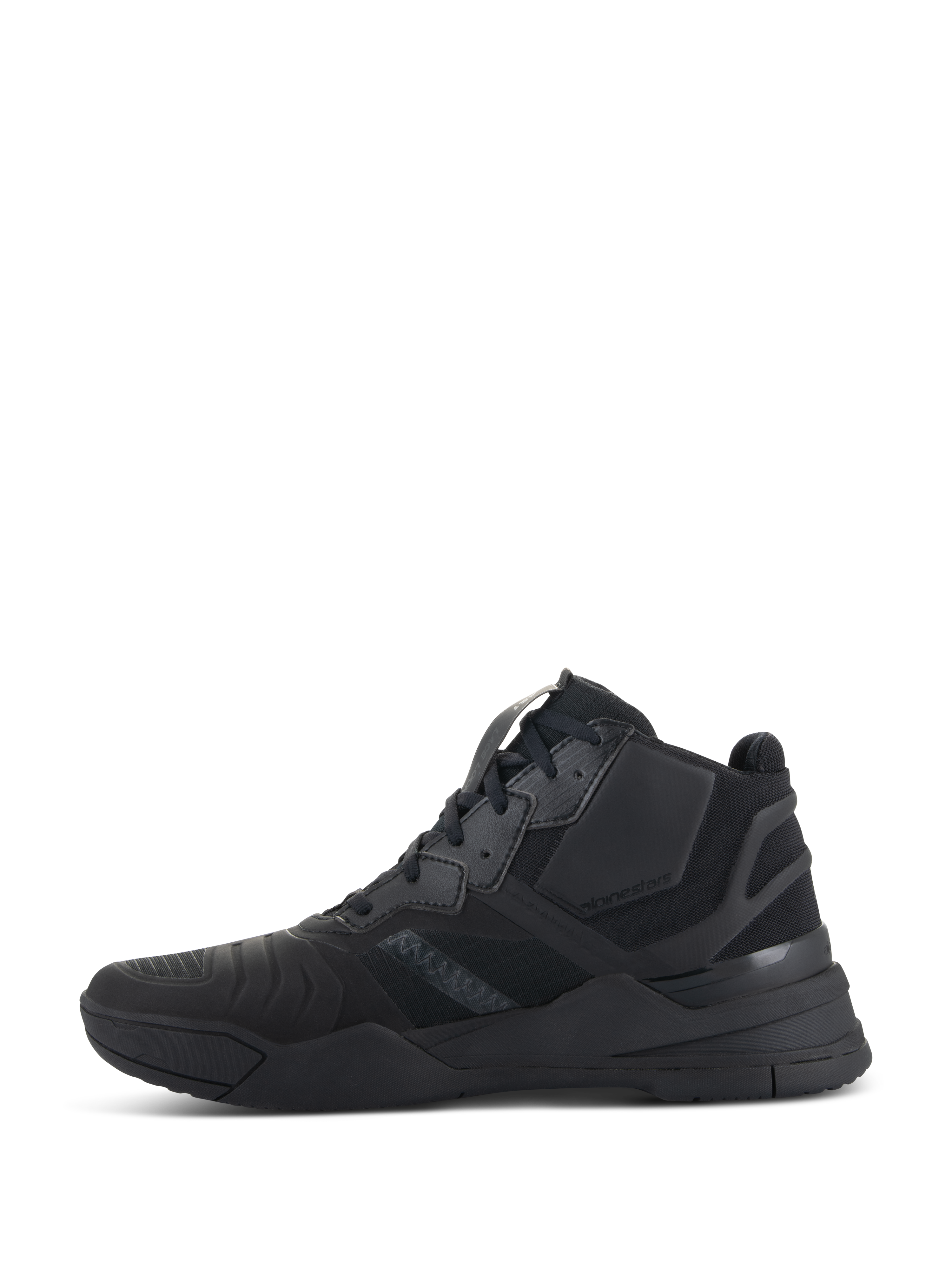 Alpinestars Speedflight sko, sort, sideprofil af performance motorcykel-køresko, mid-top sneaker-inspireret design med ripstop-overdel og sømløse forstærkningspaneler, holdbar helt sort atletisk silhuet
