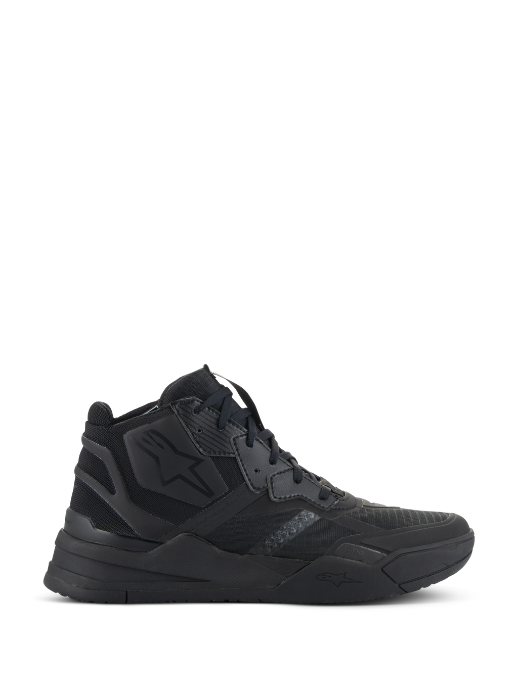 Alpinestars Speedflight sko, sorte high-top sneakers, fodtøj til urban motorcykelkørsel, ripstop-overdel med sømløs forstærkning, Alpinestars stjernelogo, tyk dual density-sål, moderne streetwear-stil