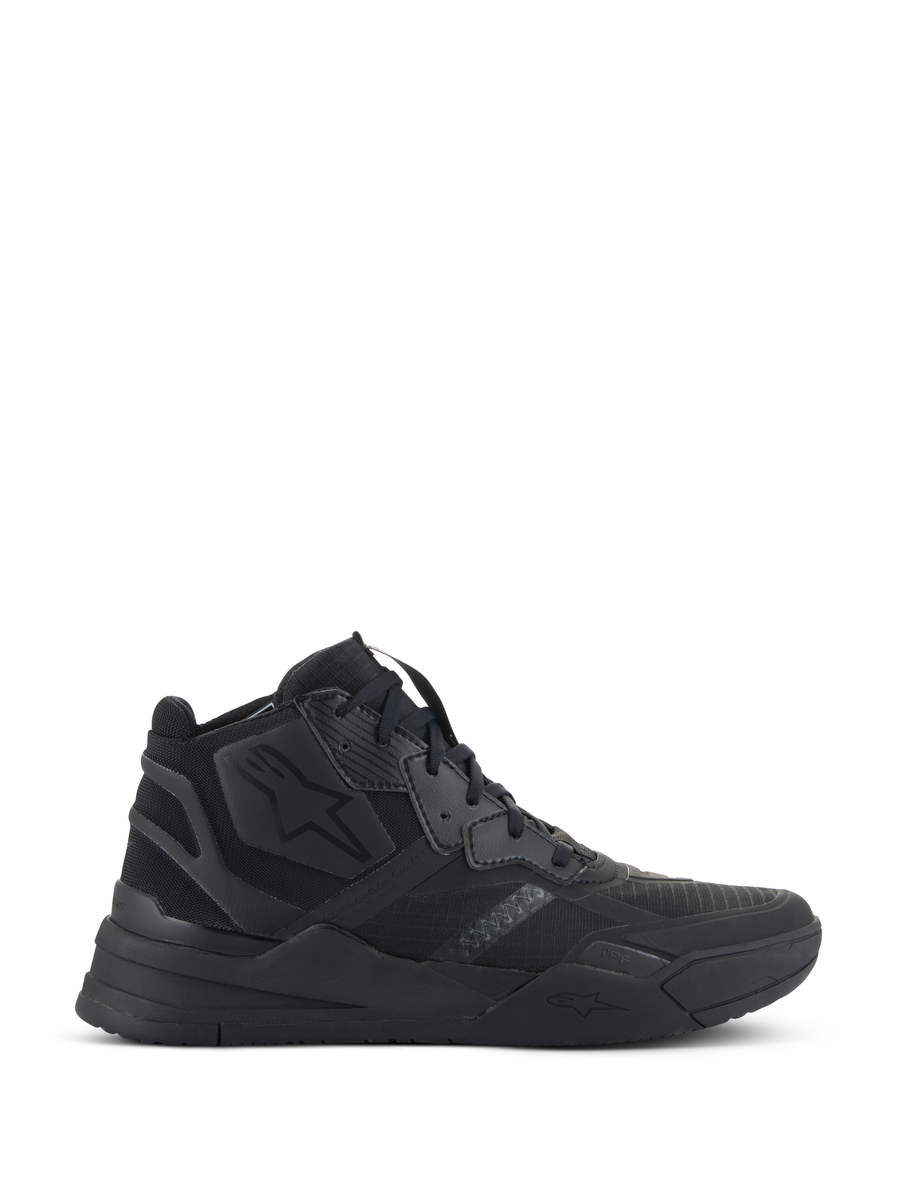 Alpinestars Speedflight sko, sorte high-top sneakers, fodtøj til urban motorcykelkørsel, ripstop-overdel med sømløs forstærkning, Alpinestars stjernelogo, tyk dual density-sål, moderne streetwear-stil