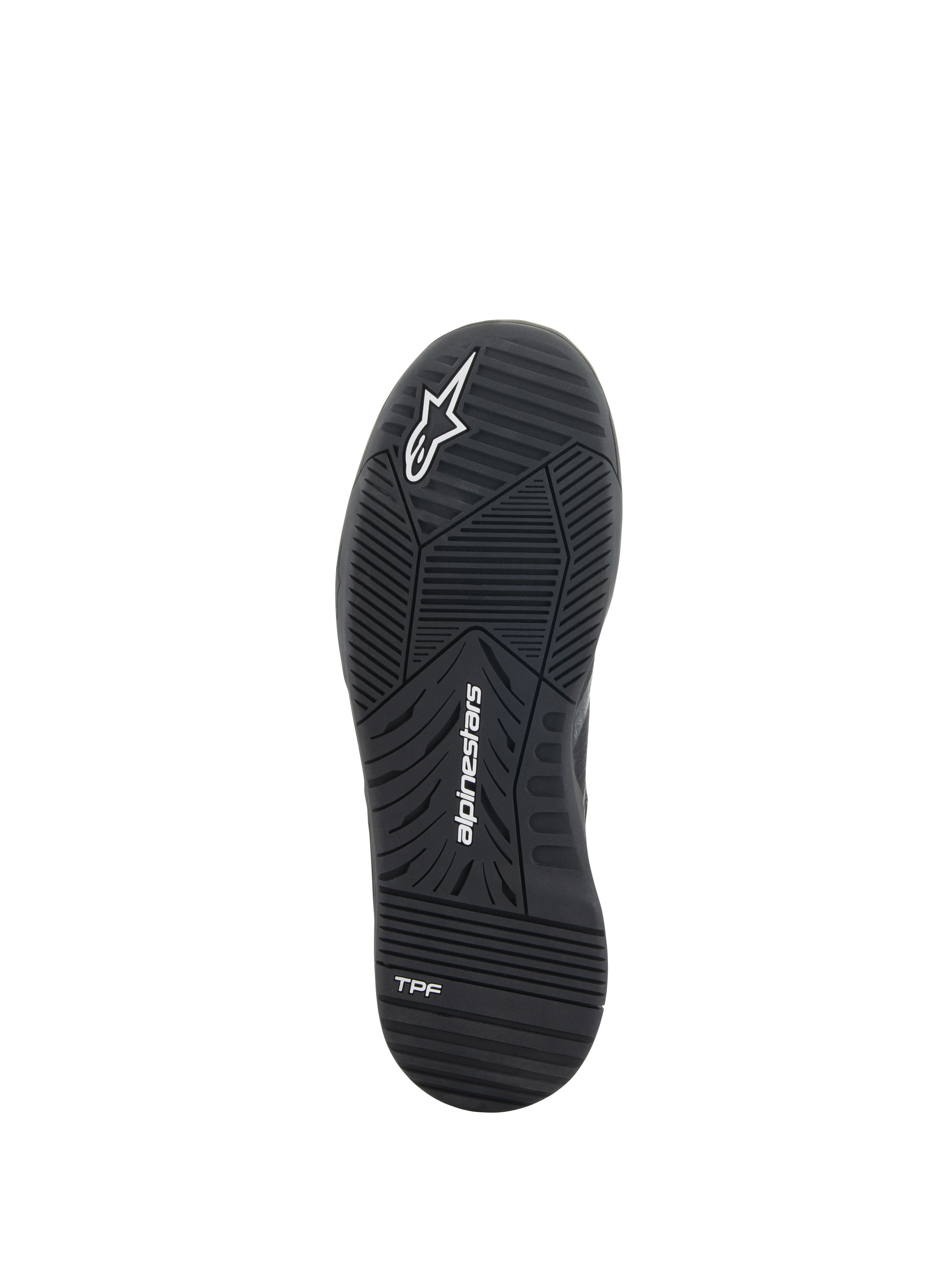 Alpinestars Speedflight sko, motorcykel-køresko, sort, underside af gummisålen med dobbelt densitet, med Alpinestars-logo og TPF-branding, konstrueret slidbanemønster til urban performance