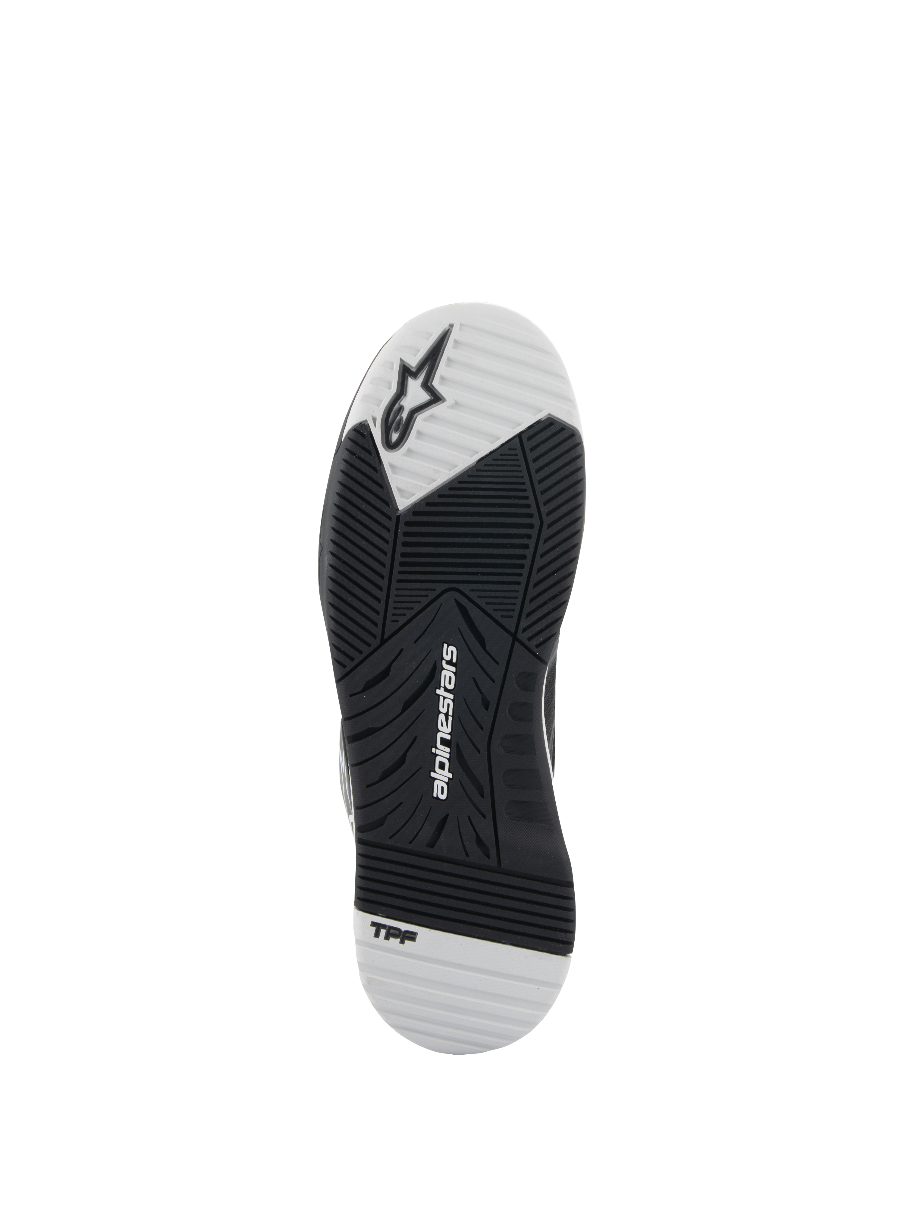 Alpinestars Speedflight sko, sort og hvid, ydersålsvisning der viser gummisålen med dobbelt densitet, har Alpinestars-logo og TPF-branding, asymmetrisk slidbanemønster for greb og stabilitet ved motorcykelkørsel