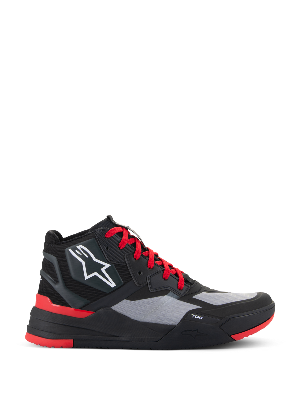 Alpinestars Speedflight Shoes, high-top motorcycle riding sneakers, Black and Bright Red with grey panels, featuring white star logo, red laces, and sporty urban design with TPF midsole
