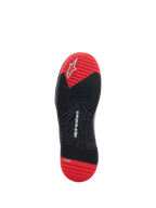 Alpinestars Speedflight-sko, motorcykelsko, visning af sålen, sort og klar rød, med hvidt Alpinestars-logo og TPF-branding, dobbelt densitets gummisål med multi-direktionelt grebsmønster.