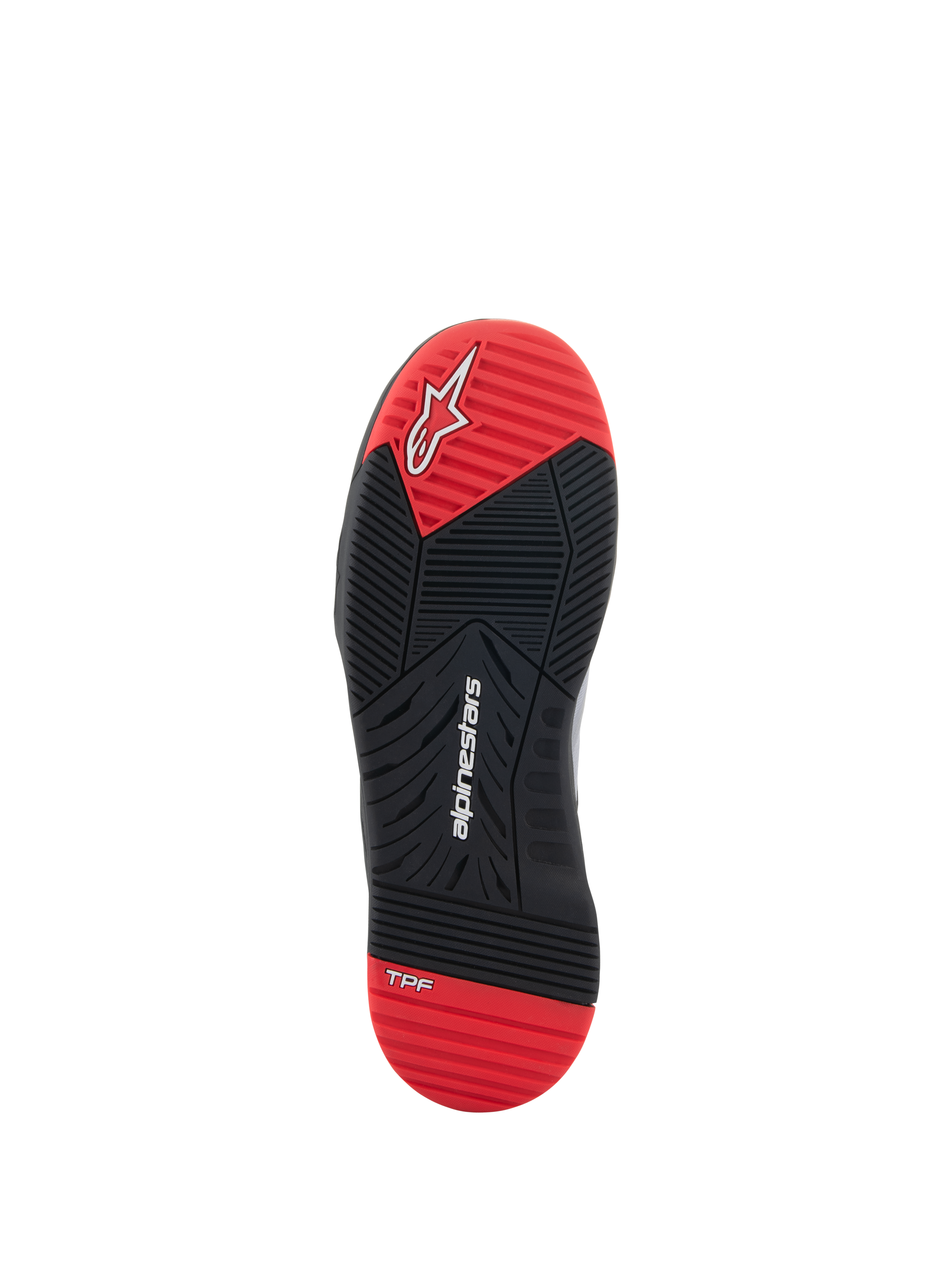 Alpinestars Speedflight-sko, motorcykelsko, visning af sålen, sort og klar rød, med hvidt Alpinestars-logo og TPF-branding, dobbelt densitets gummisål med multi-direktionelt grebsmønster.