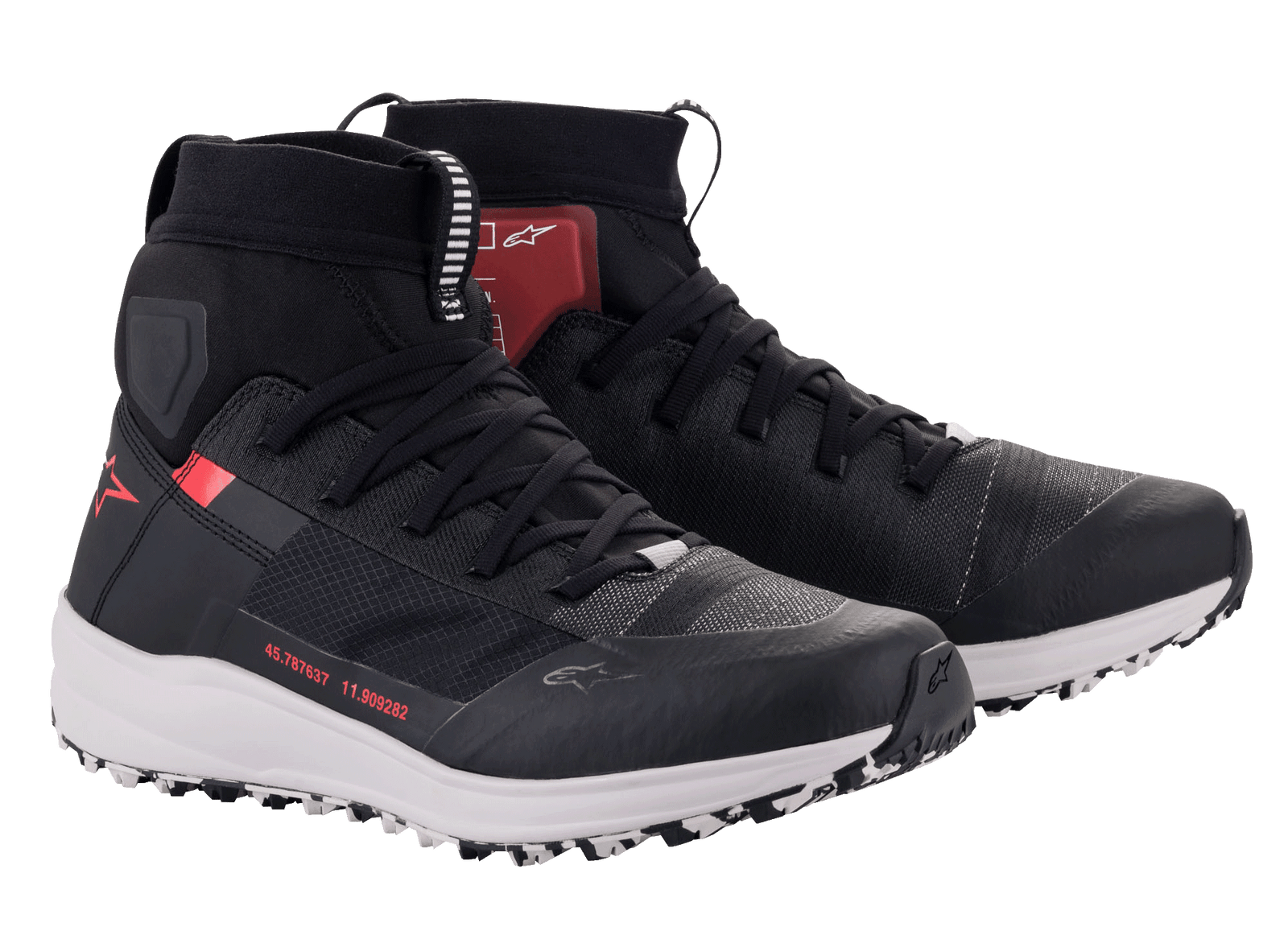 Alpinestars Speedforce Shoes, high-cut motorcycle riding shoes, Black White and Red, featuring a running shoe silhouette, MATRYX textile upper, white midsole, and red Alpinestars logo, technical urban footwear for road riding