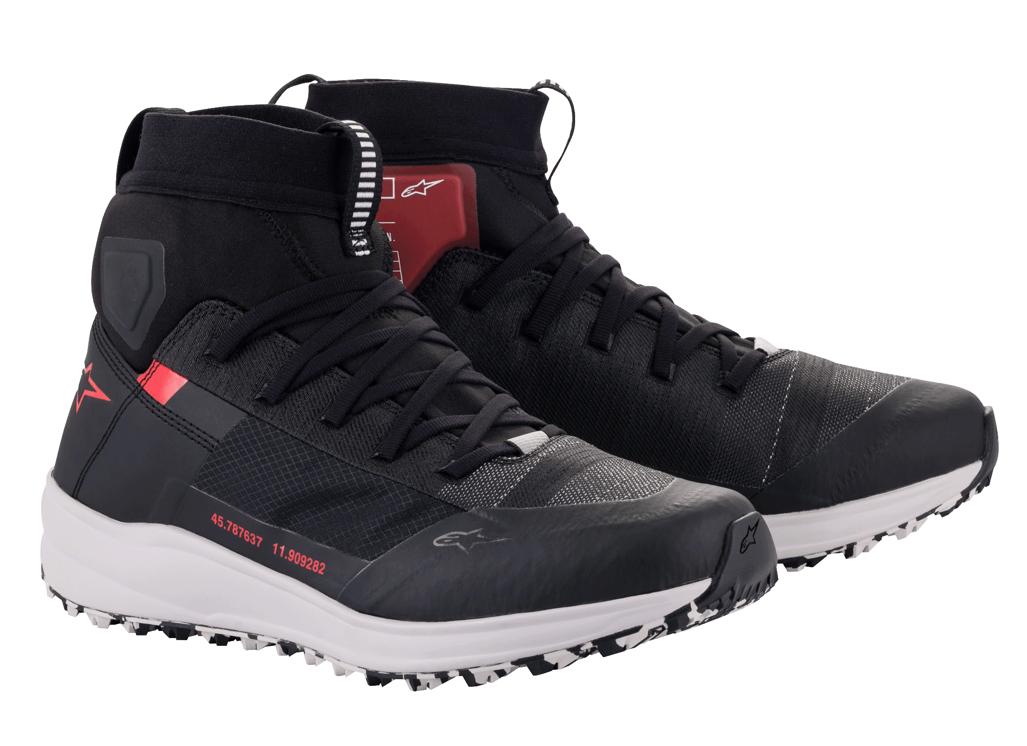 Alpinestars Speedforce sko, højskaftede motorcykelkøresko, sort, hvid og rød, med løbesko-silhuet, MATRYX-tekstiloverdel, hvid mellemsål og rødt Alpinestars-logo, teknisk urbant fodtøj til kørsel på vej