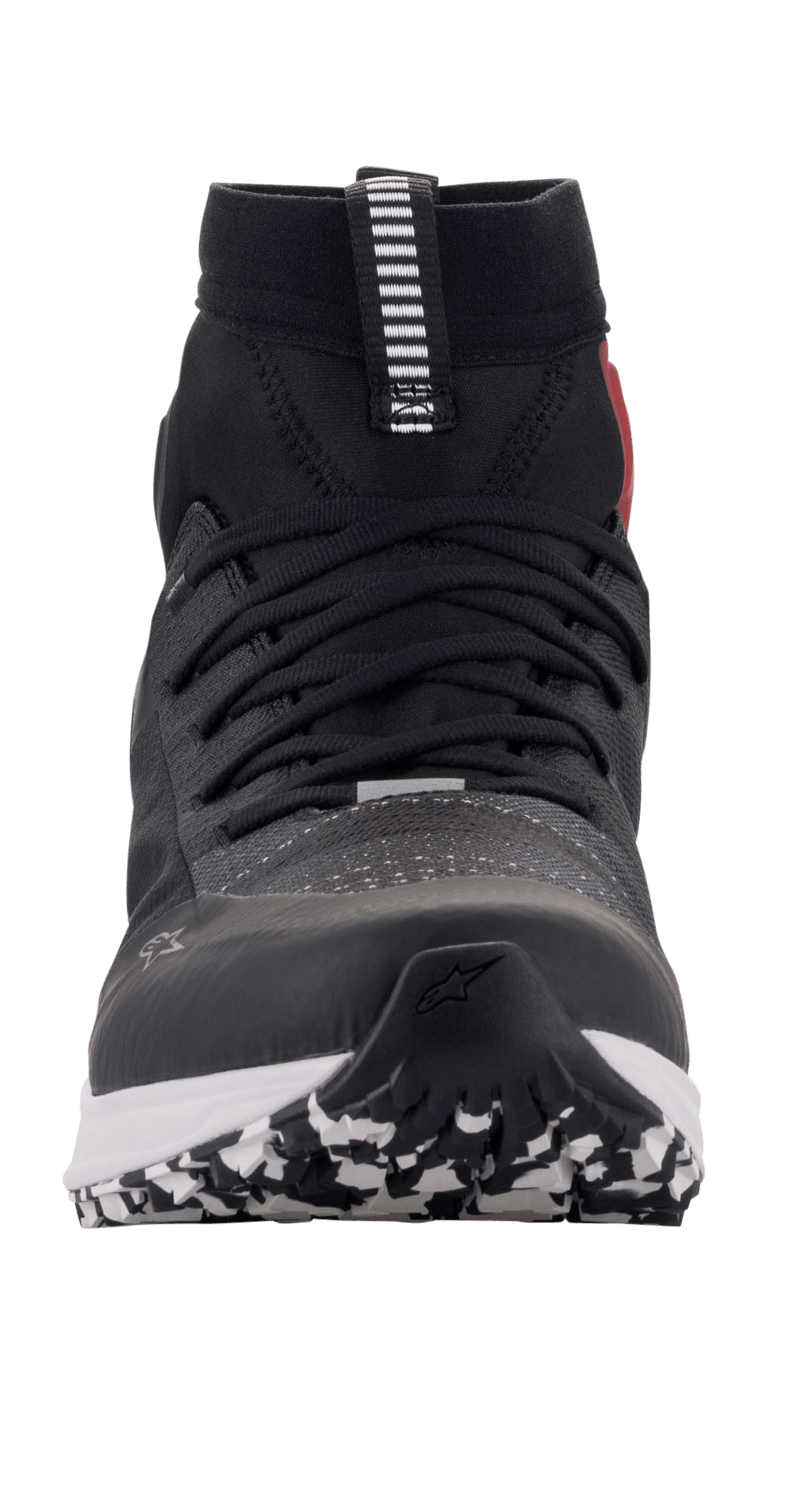 Alpinestars Speedforce sko, motorcykel køresko, sort hvid og rød, set forfra med løbesko-silhuet, MATRYX-overdel, high-cut design og mønstret ydersål