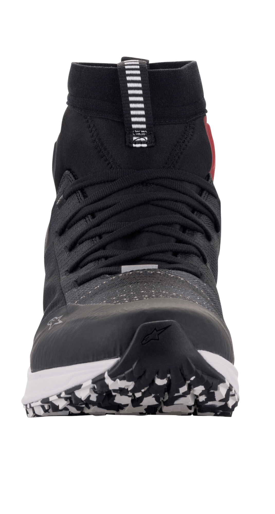 Alpinestars Speedforce sko, motorcykel køresko, sort hvid og rød, set forfra med løbesko-silhuet, MATRYX-overdel, high-cut design og mønstret ydersål