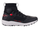 Alpinestars Speedforce Shoes, Motorcycle Riding Shoes, Black White and Red, side profile view, high-cut running shoe silhouette with MATRYX® textile upper, white midsole, red star logo on the heel and red numerical coordinates on the side, urban protective footwear