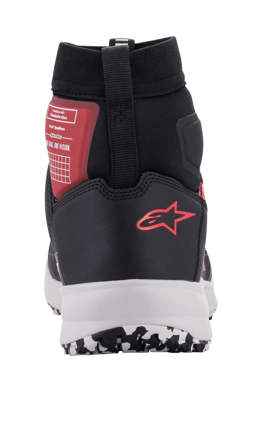 Alpinestars Speedforce sko, urbane motorcykelsko i sort, hvid og rød, set bagfra med rødt Alpinestars-logo på hælen, hvid mellemsål og høj ankelstøtte