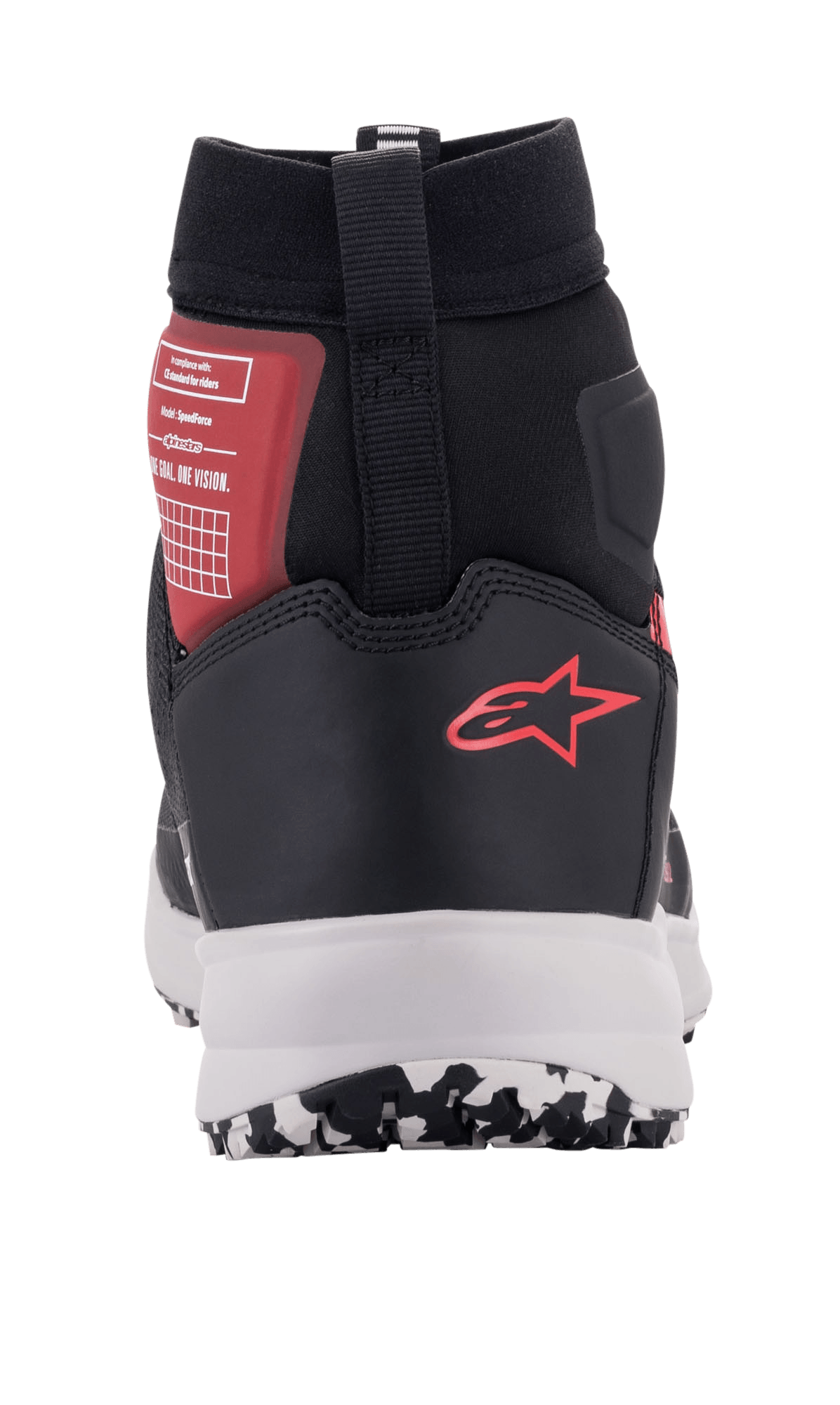 Alpinestars Speedforce sko, urbane motorcykelsko i sort, hvid og rød, set bagfra med rødt Alpinestars-logo på hælen, hvid mellemsål og høj ankelstøtte