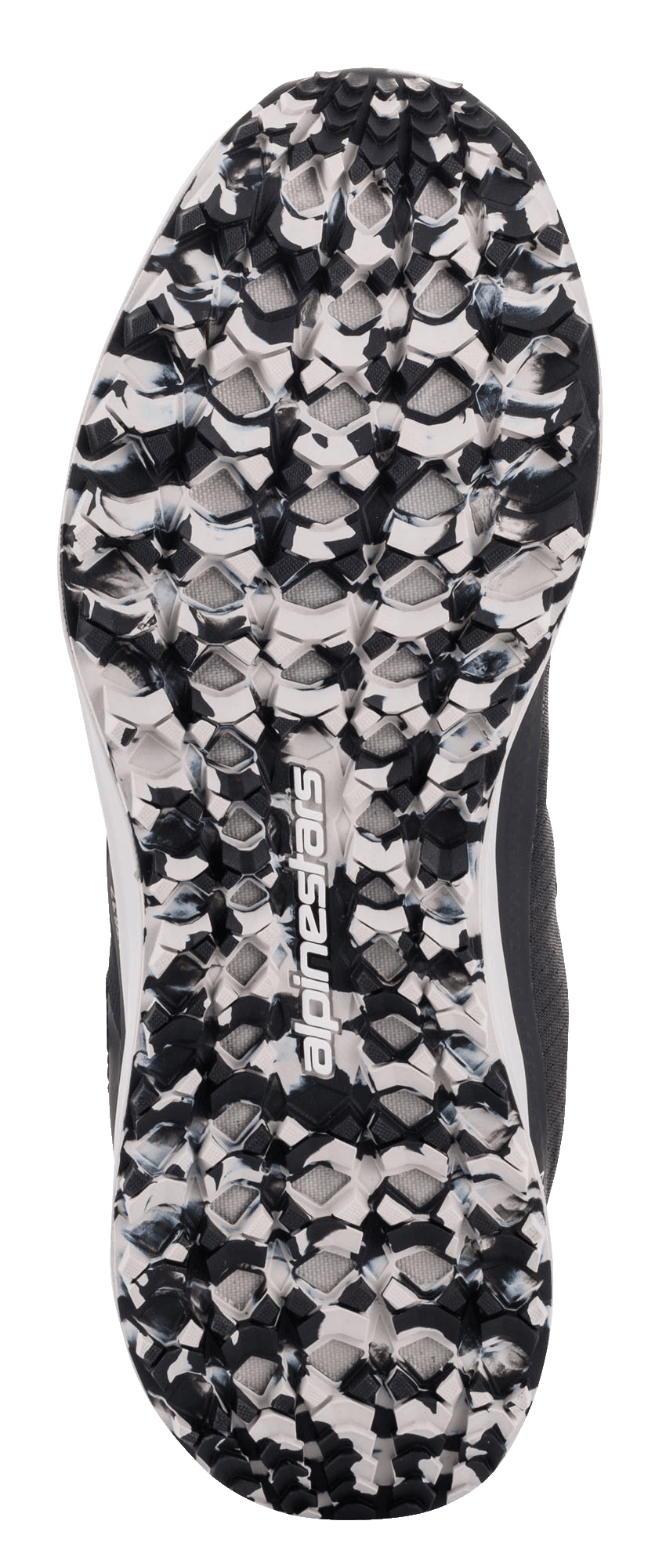 Alpinestars Speedforce sko, detalje af ydersålen, marmoreret sort og hvid, tekstureret mønster med centralt Alpinestars-logo, afslappet motorcykelkøresko designet til greb og komfort