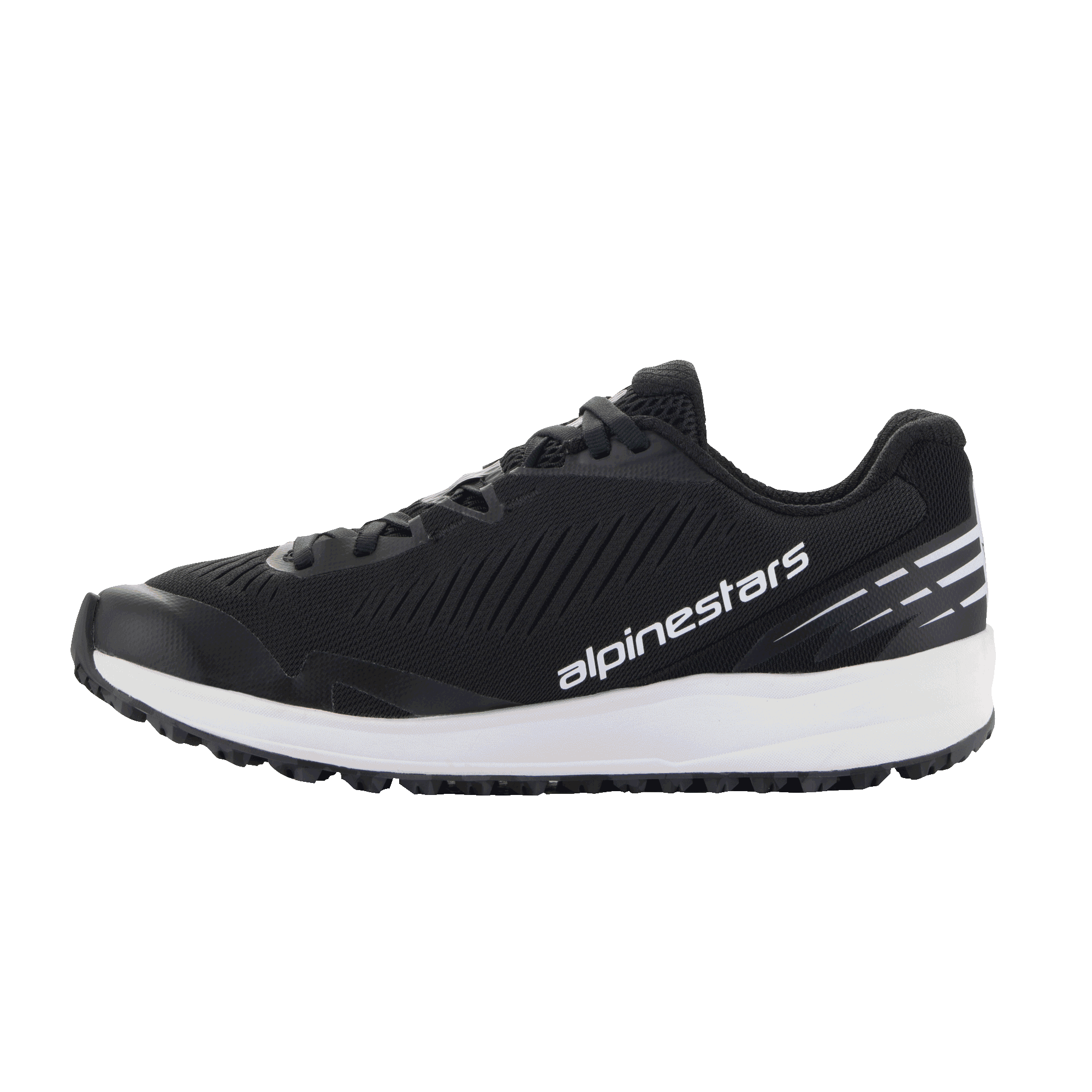 Alpinestars Meta Road V2 sko, sportssko, sort og hvid, åndbar mesh-overdel med diagonale teksturerede riller, tyk hvid mellemsål, hvidt Alpinestars-logo på siden, hvide stribe-detaljer på hælen, atletisk design til fritidsbrug og raceteam-arbejdstøj