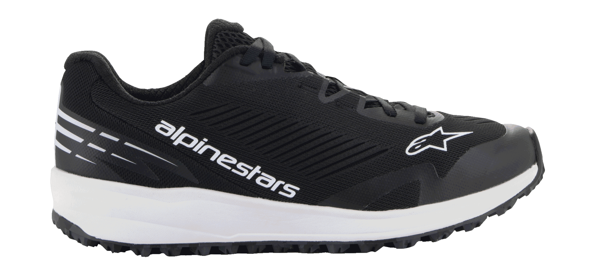 Alpinestars Meta Road V2-sko, sportswear-sko, sort og hvid, set fra siden med en sort mesh-overdel med hvid Alpinestars-branding og stjerne-logo, hvid støddæmpende mellemsål og sort tekstureret sål.