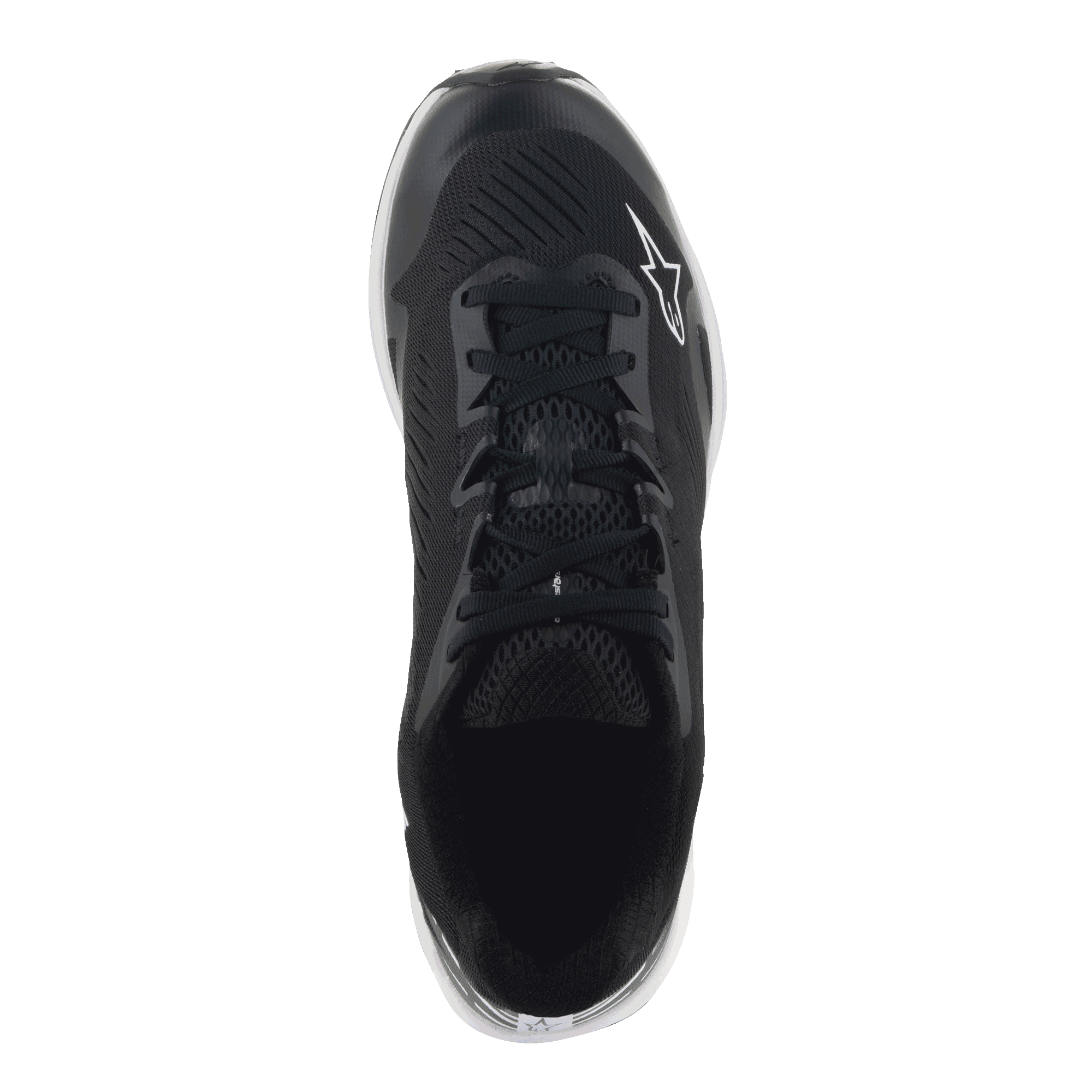 Alpinestars Meta Road V2 sko, sportssko, sort og hvid, set oppefra, åndbar overdel i syntetisk mesh, sorte snørebånd og hvidt Astars-logo, designet til komfort hele dagen og raceteam-arbejdstøj