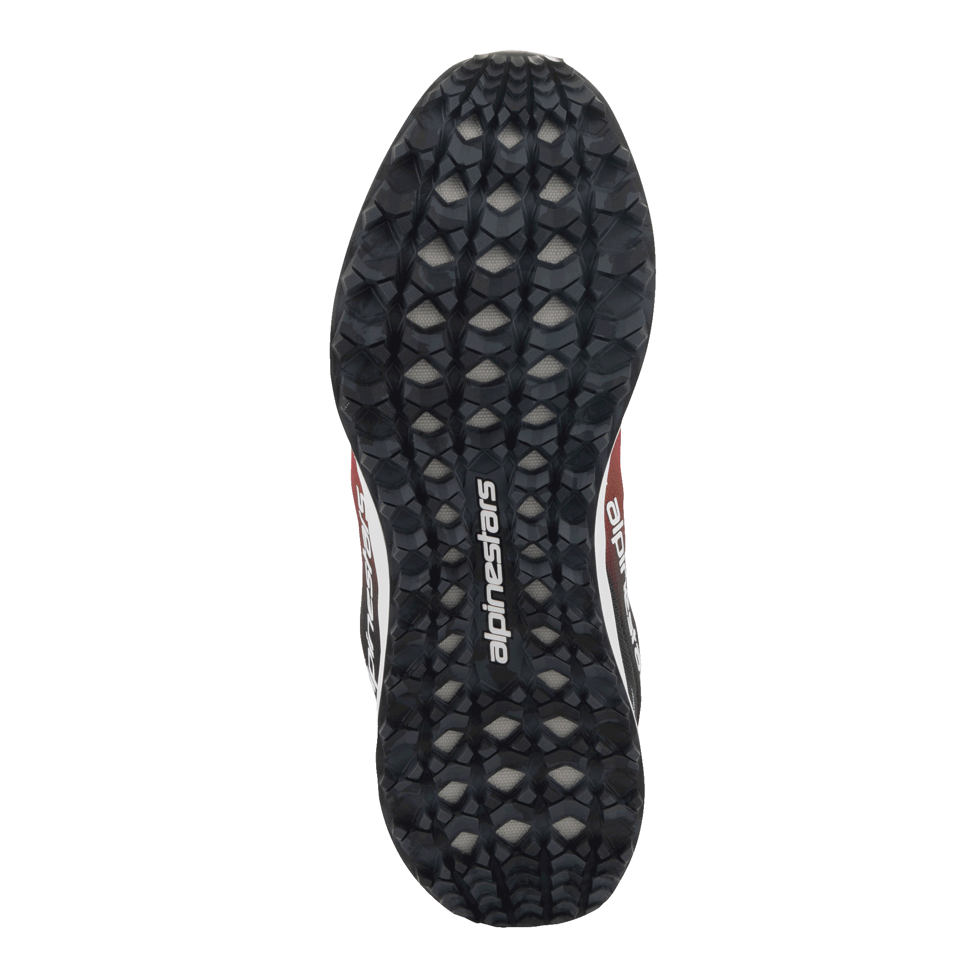 Alpinestars Meta Road V2 Shoes, bottom view of the outsole, black rubber with a textured hexagonal tread pattern for grip, white Alpinestars logo in the center, Red Black and White accents visible on the sides