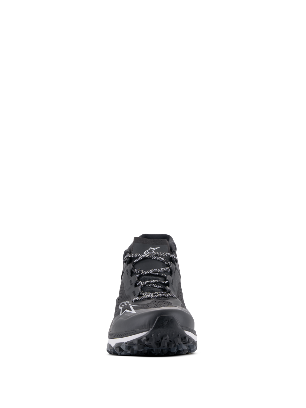 Alpinestars Meta XR V2 Shoes, Sport Casual Footwear, Black White and Dark Gray, front view showing the technical mesh upper, patterned laces, white Alpinestars logo on the toe, and rugged outsole designed for traction and comfort.