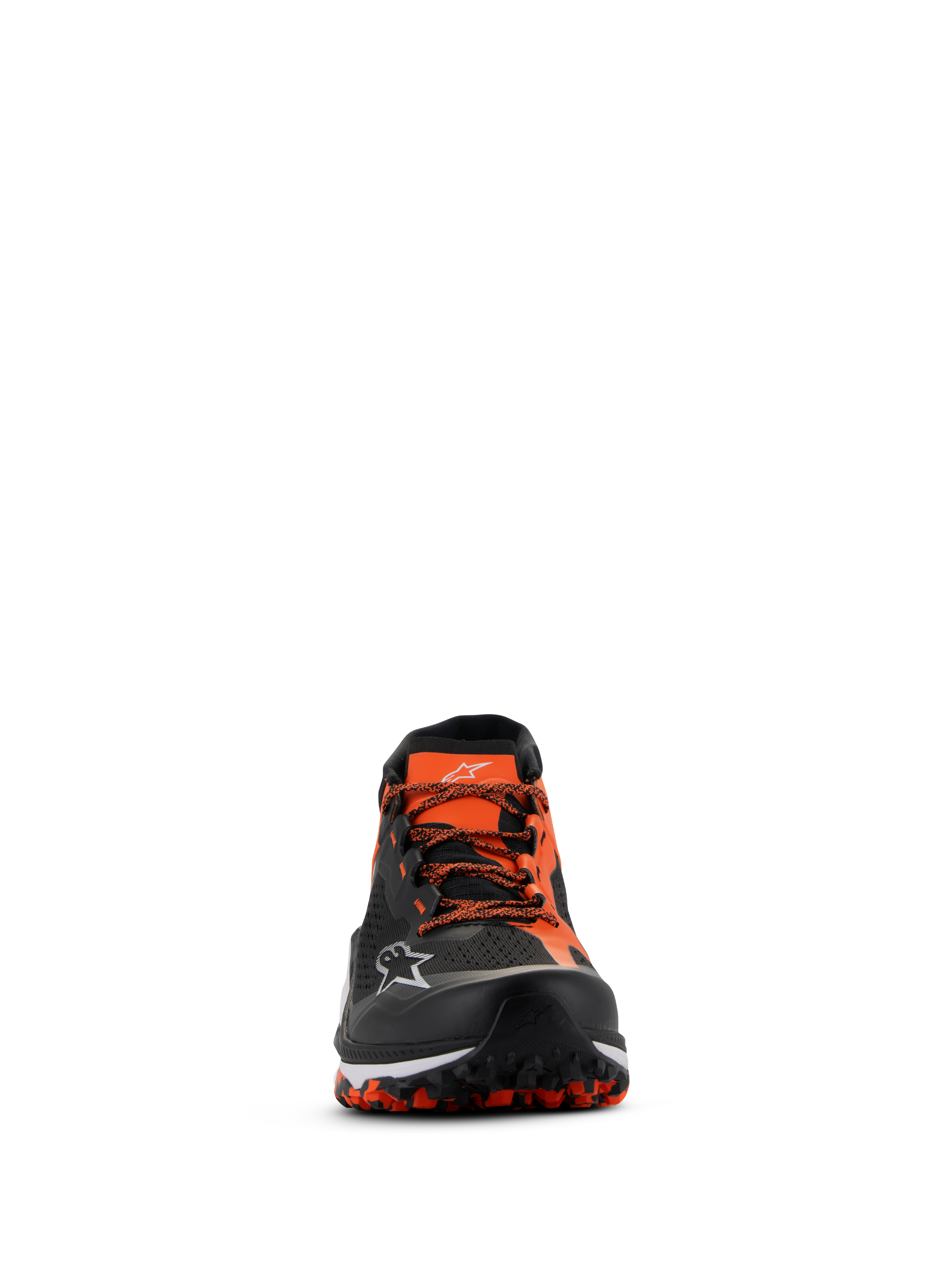 Alpinestars Meta XR V2 Shoes, Black Orange White, front-facing view showing technical mesh upper, orange laces, and rugged oil-resistant rubber sole with visible tread pattern, sport-casual footwear