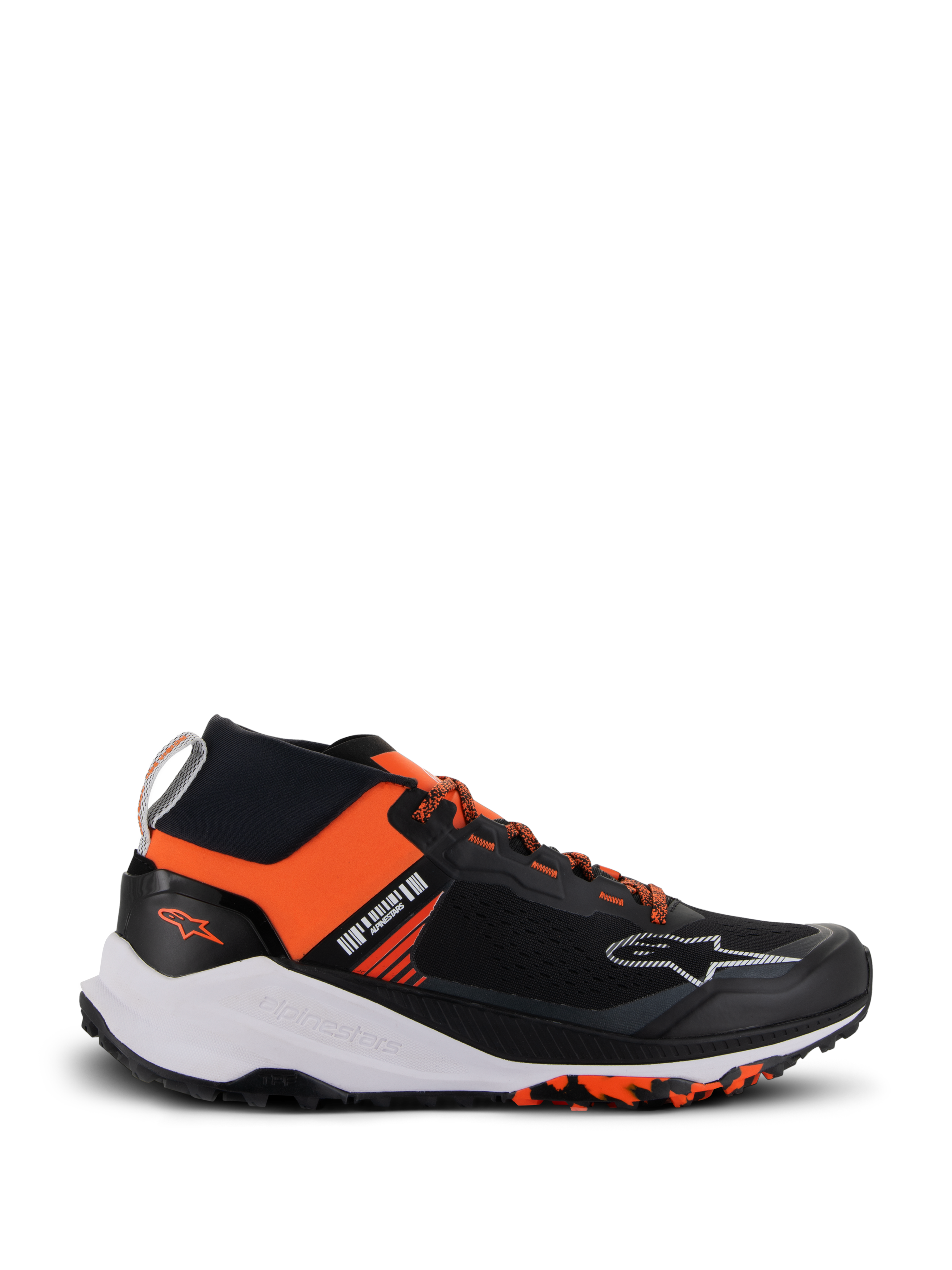 Alpinestars Meta XR V2 Shoes, Sport-Casual Sneakers, Black and Orange, featuring a single-piece mesh upper, thick white midsole with Alpinestars branding, and marbled rubber outsole, lightweight athletic design engineered for all-day comfort and off-road grip