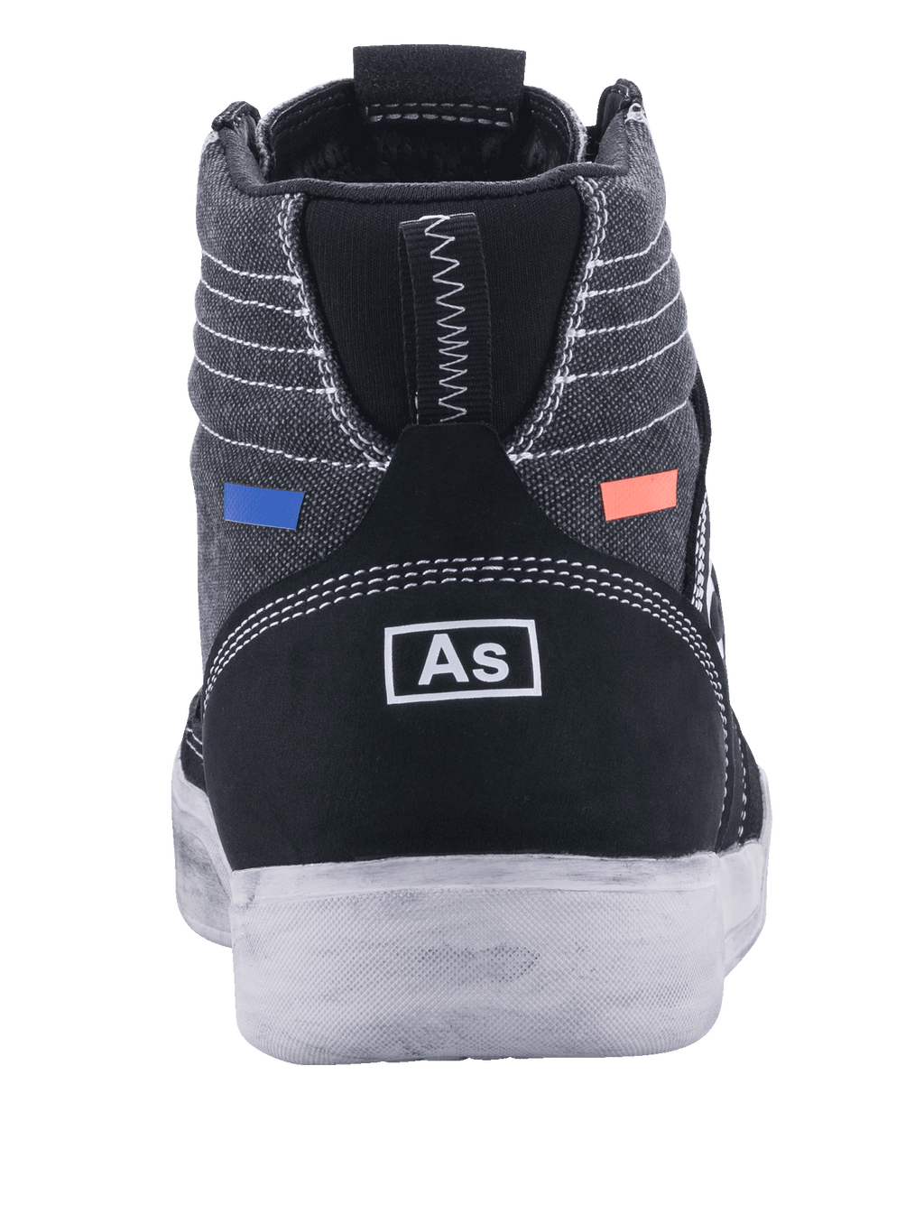 Alpinestars Ageless Riding Shoes, motorcykelsko, sort og Cool Gray, set bagfra med mørkegråt lærred og hvide syninger, sort ruskindshæl med hvid branding, blå og orange detaljer, afslappet urbant design med en hvid sål