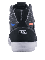 Alpinestars Ageless Riding Shoes, motorcykelsko, sort og Cool Gray, set bagfra med mørkegråt lærred og hvide syninger, sort ruskindshæl med hvid branding, blå og orange detaljer, afslappet urbant design med en hvid sål