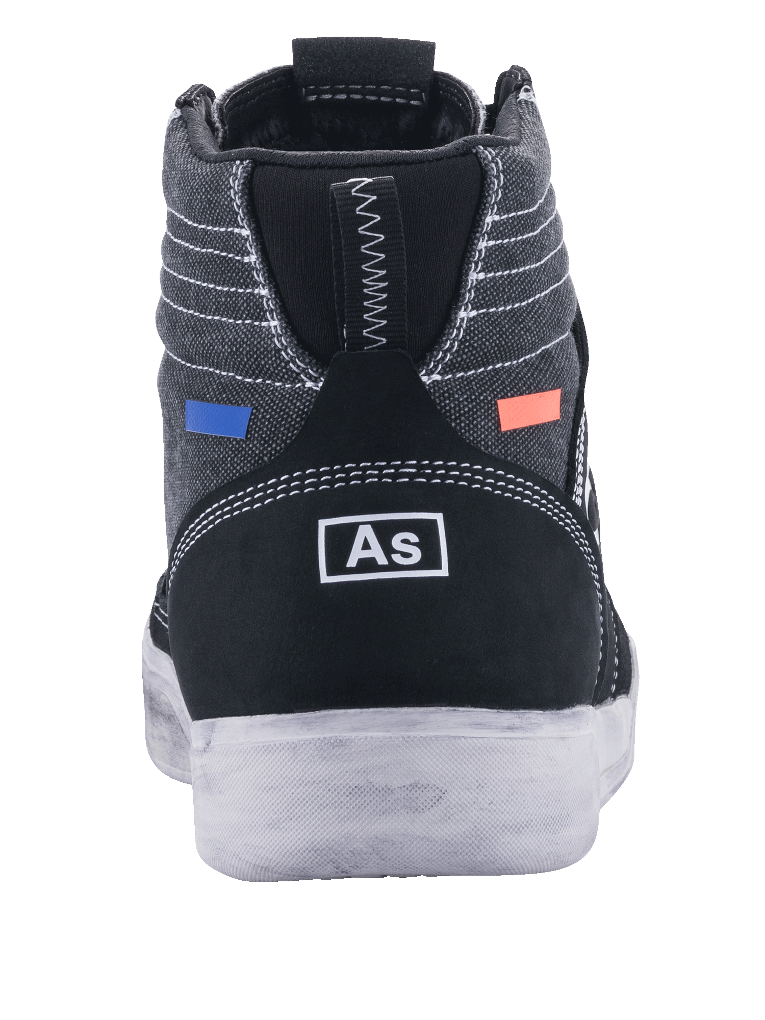Alpinestars Ageless Riding Shoes, motorcykelsko, sort og Cool Gray, set bagfra med mørkegråt lærred og hvide syninger, sort ruskindshæl med hvid branding, blå og orange detaljer, afslappet urbant design med en hvid sål