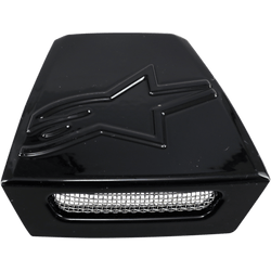 Alpinestars Supertech M10/M8 hjelm bageste ventilationsramme, hjelmtilbehør, sort blank, præget stjernelogo på oversiden, sølvfarvet trådnet-grillindsats, trapezformet ventilationskomponent til off-road hjelme