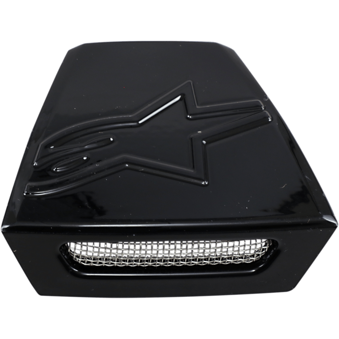 Alpinestars Supertech M10/M8 hjelm bageste ventilationsramme, hjelmtilbehør, sort blank, præget stjernelogo på oversiden, sølvfarvet trådnet-grillindsats, trapezformet ventilationskomponent til off-road hjelme