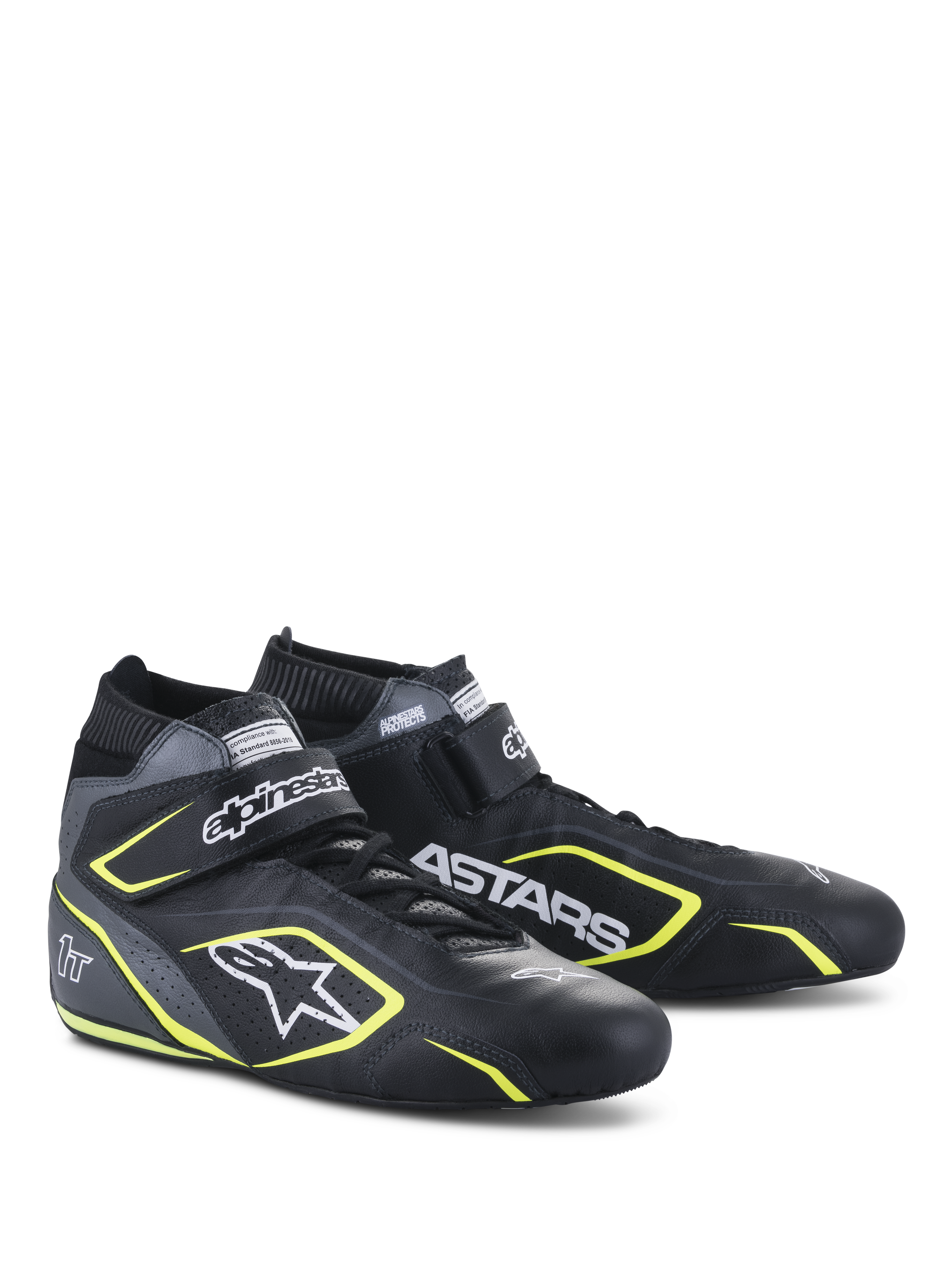 Alpinestars Tech-1 T V3 Shoes FIA, Auto Racing Shoes, Black Cool Gray and Yellow Fluo, full leather construction with hook and loop strap, yellow fluo accents, prominent white branding including Alpinestars and ASTARS logos, professional motorsport design
