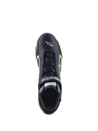 Alpinestars Tech-1 T V3 Shoes FIA, Auto Racing Shoes, Black and Yellow Fluo, top-down view showing leather construction, lace closure, and white Alpinestars branding on the toe.