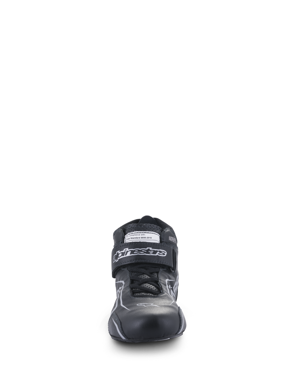 Alpinestars Tech-1 T V3 Shoes FIA, Auto Racing Shoes, Black and Silver, front view featuring bovine leather construction, hook and loop strap with Alpinestars branding, and FIA certification label, high-performance driving footwear