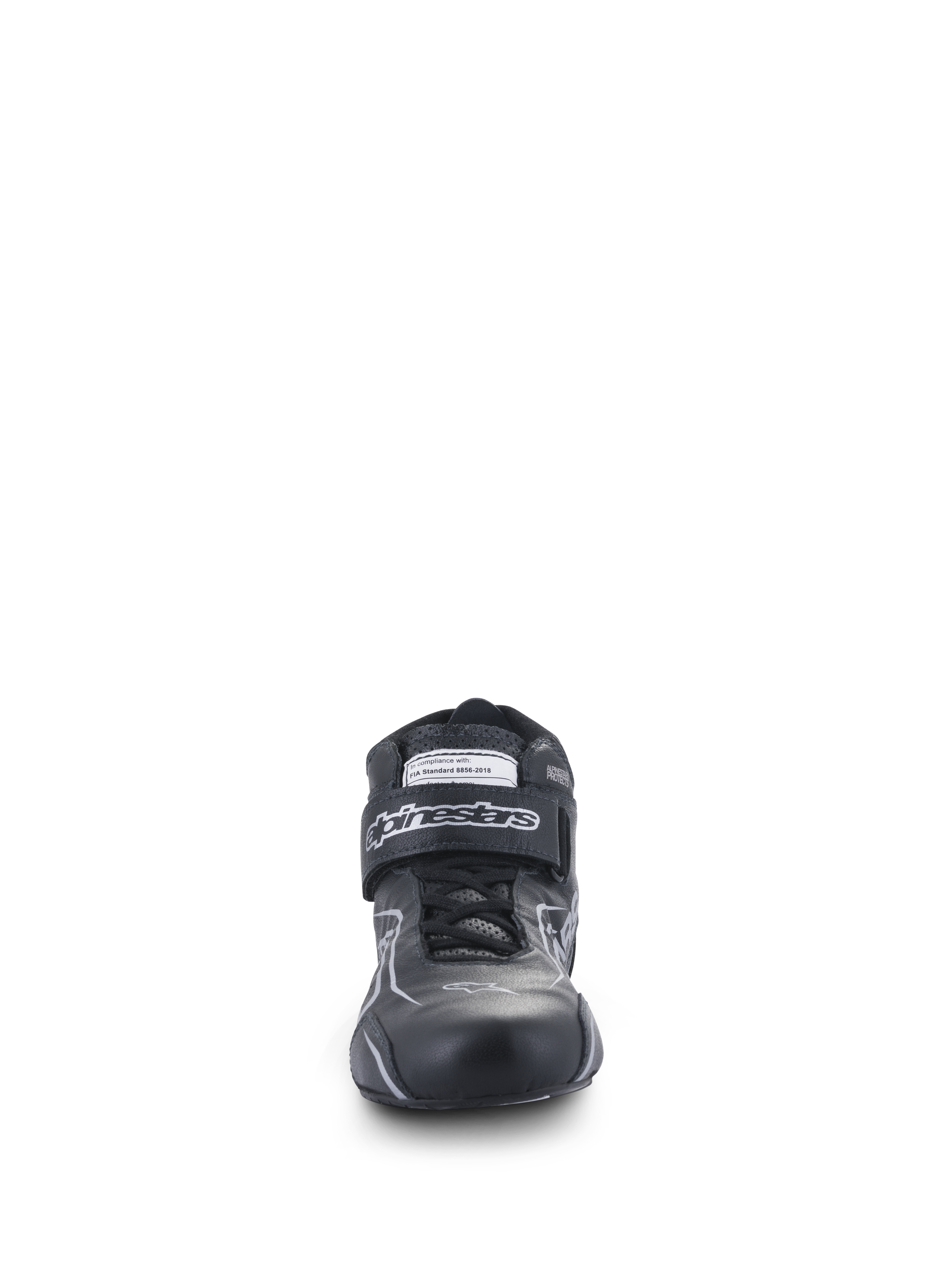 Alpinestars Tech-1 T V3 Shoes FIA, Auto Racing Shoes, Black and Silver, front view featuring bovine leather construction, hook and loop strap with Alpinestars branding, and FIA certification label, high-performance driving footwear
