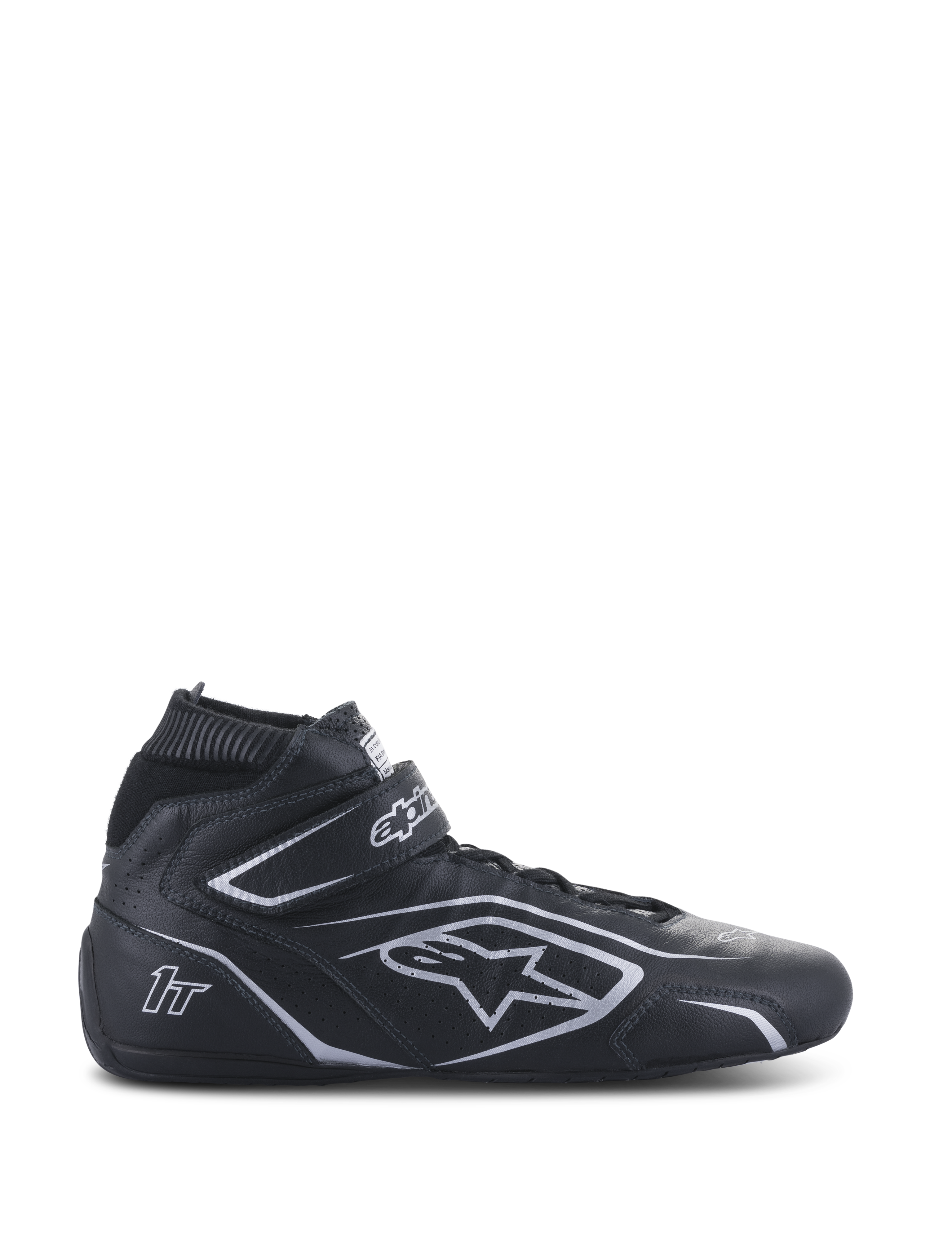 Alpinestars Tech-1 T V3 Shoes FIA, Black and Silver Racing Shoes, High-top leather motorsport footwear with hook and loop ankle strap, Perforated side panels and silver branding, FIA certified for professional auto racing.