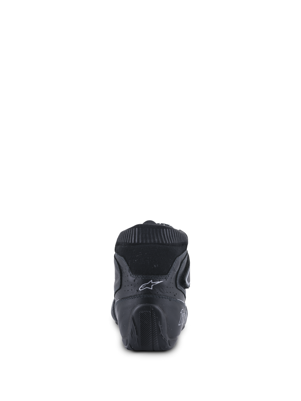 Alpinestars Tech-1 T V3 Shoes FIA, Auto Racing Shoes, Black and Silver, rear view showing the ergonomic heel counter, white Astars logo, and textured rubber sole designed for pedal control.