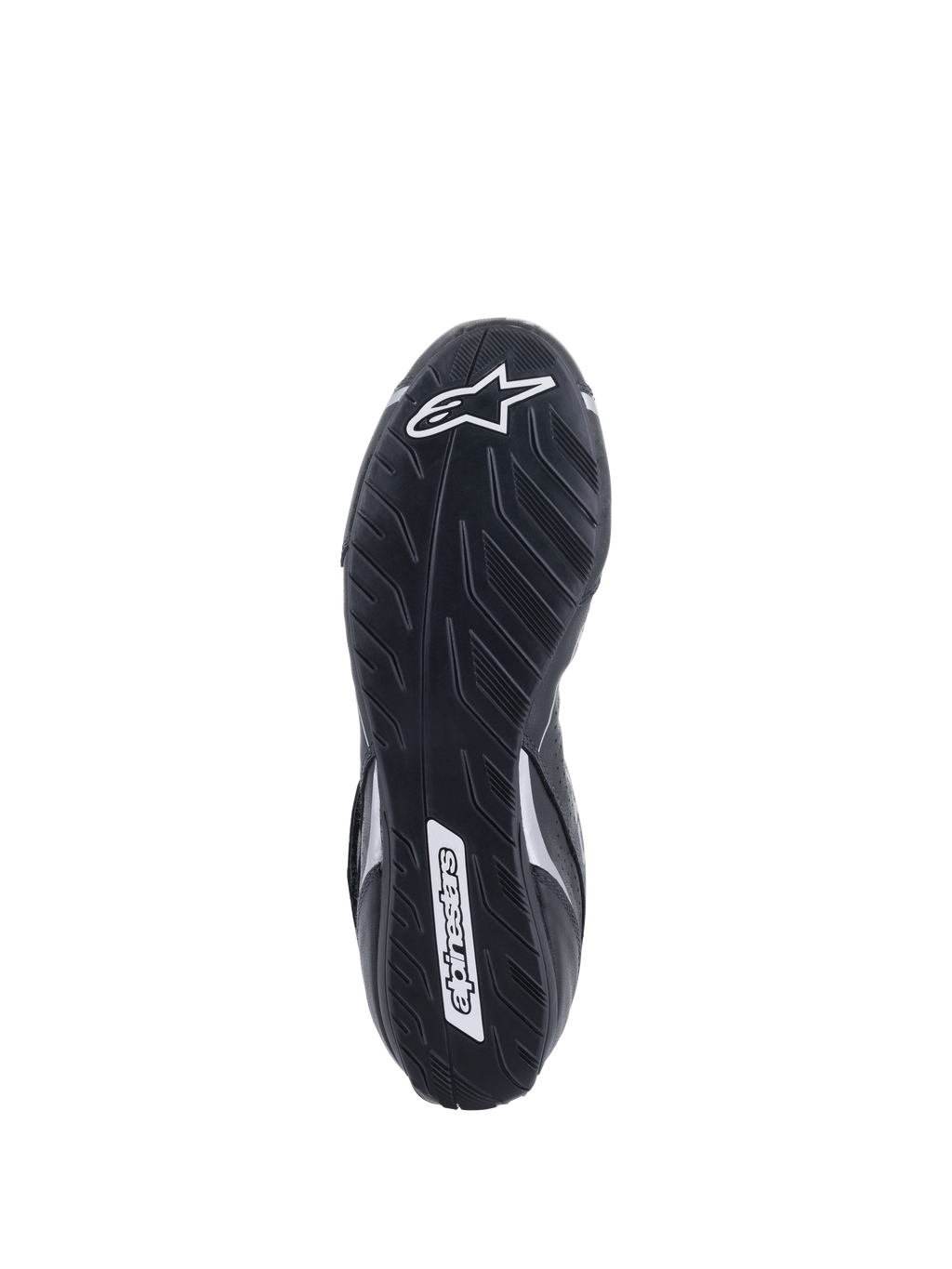 Alpinestars Tech-1 T V3 Shoes FIA, Bottom Sole View, Black and Silver, asymmetric rubber outsole with tire-tread pattern, white Alpinestars logo branding, thin compound for pedal sensitivity