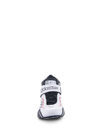 Alpinestars Tech-1 T V3 Shoes, Auto Racing Shoes, White Black and Red, front view featuring hook-and-loop closure strap with Alpinestars branding, black laces, and SFI certification tag on the tongue