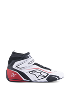 Alpinestars Tech-1 T V3 Shoes FIA, Auto Racing Shoes, White Black and Red, side profile view, high-top leather design with perforated panels, red heel section with 1T logo, black elastic ankle cuff, adjustable strap closure, professional motorsport footwear