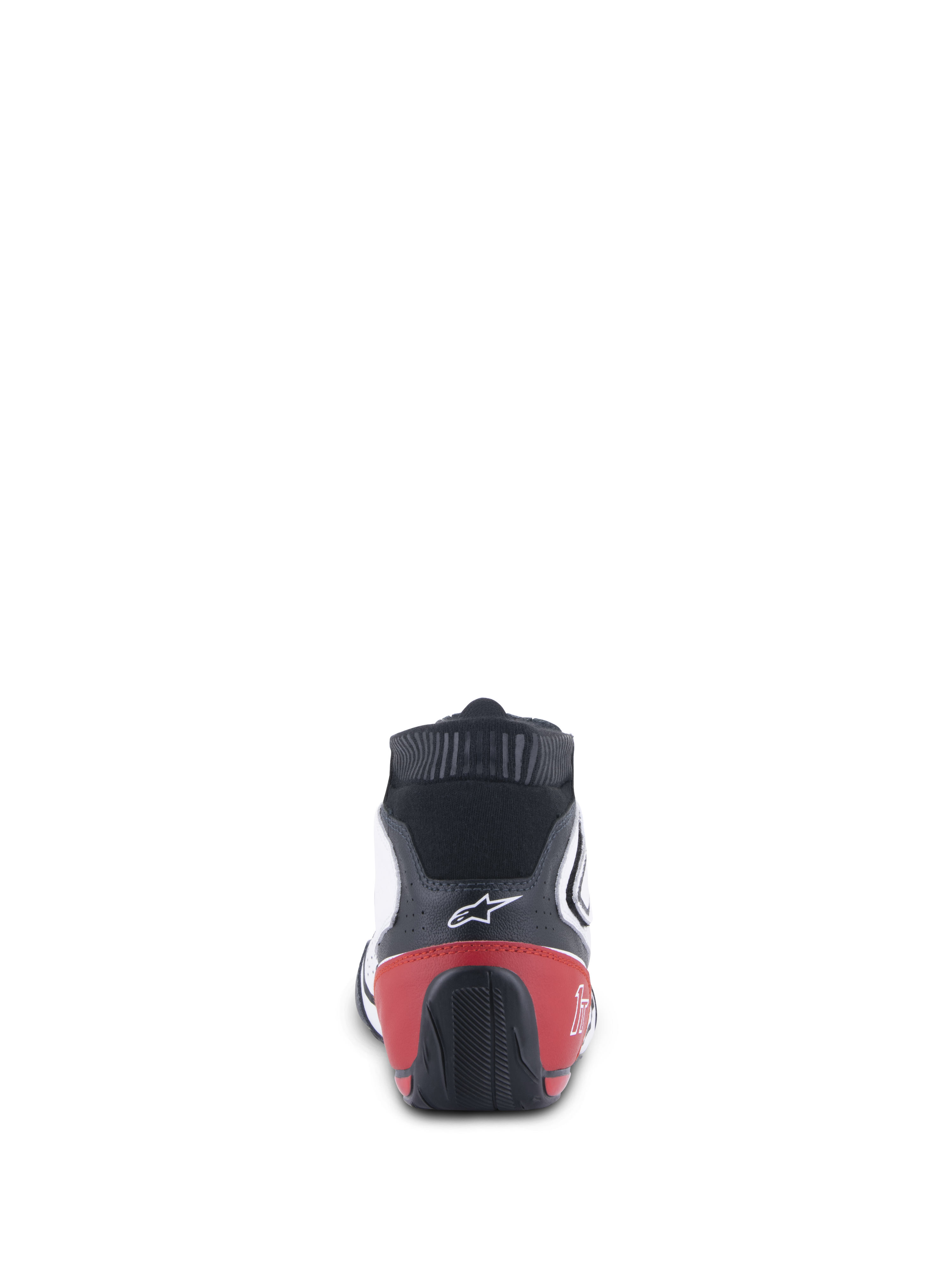 Alpinestars Tech-1 T V3 Shoes FIA, Auto Racing Shoes, White Black and Red, rear view showing the red heel counter and black textured outsole, white Alpinestars logo on black leather upper