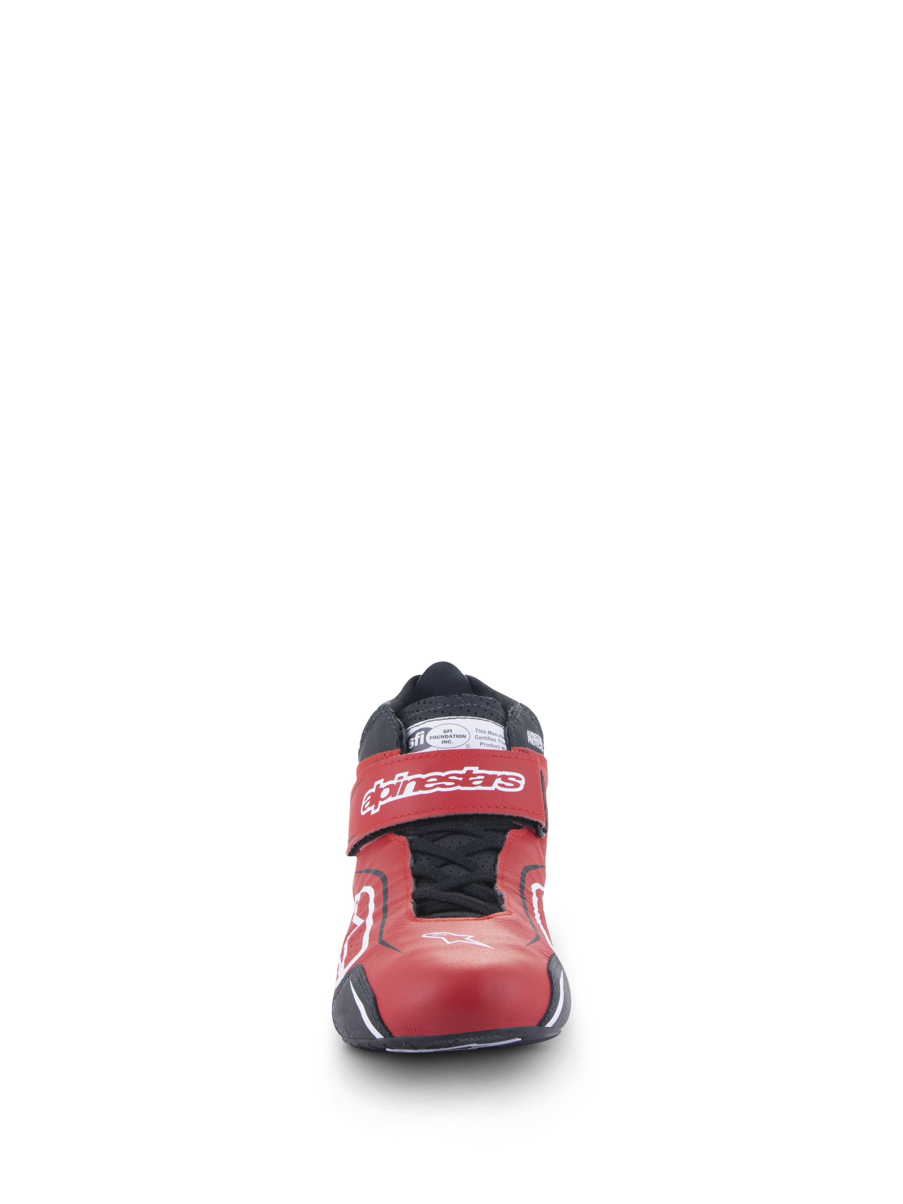 Alpinestars Tech-1 T V3 Shoes FIA, Auto Racing Shoes, Red Black and White, front-facing view showing the sleek leather design, adjustable ankle strap with white logo, and black lace closure system.